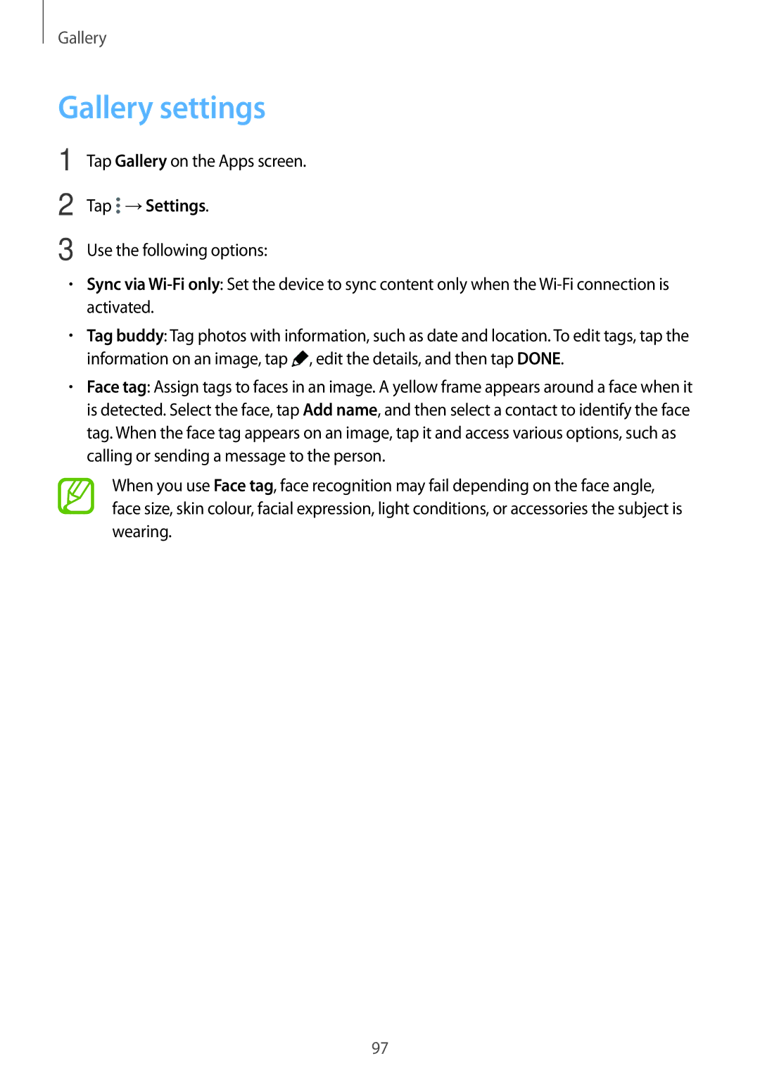 Samsung SM-G800HZDASER, SM-G800HZKDSER, SM-G800HZBDSER, SM-G800HZWASER, SM-G800HZWDSER manual Gallery settings, Tap →Settings 