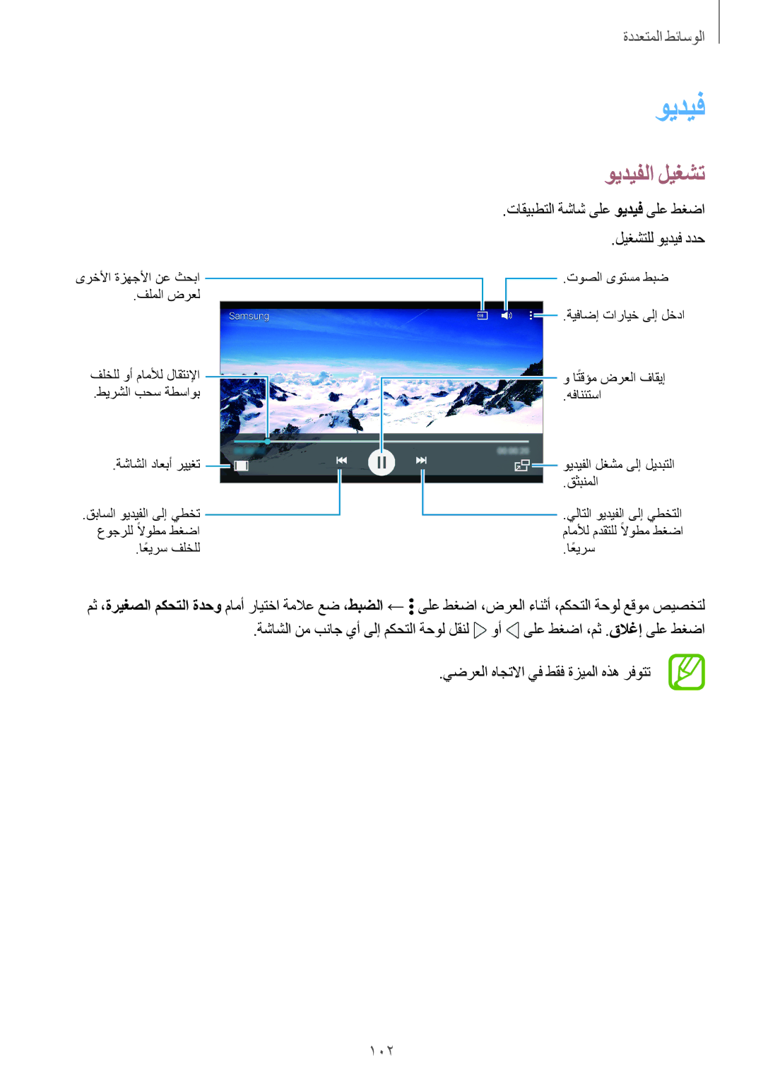 Samsung SM-G800HZDAAFR, SM-G800HZWDXFE manual ويديفلا ليغشت, 102, تاقيبطتلا ةشاش ىلع ويديف ىلع طغضا ليغشتلل ويديف ددح 