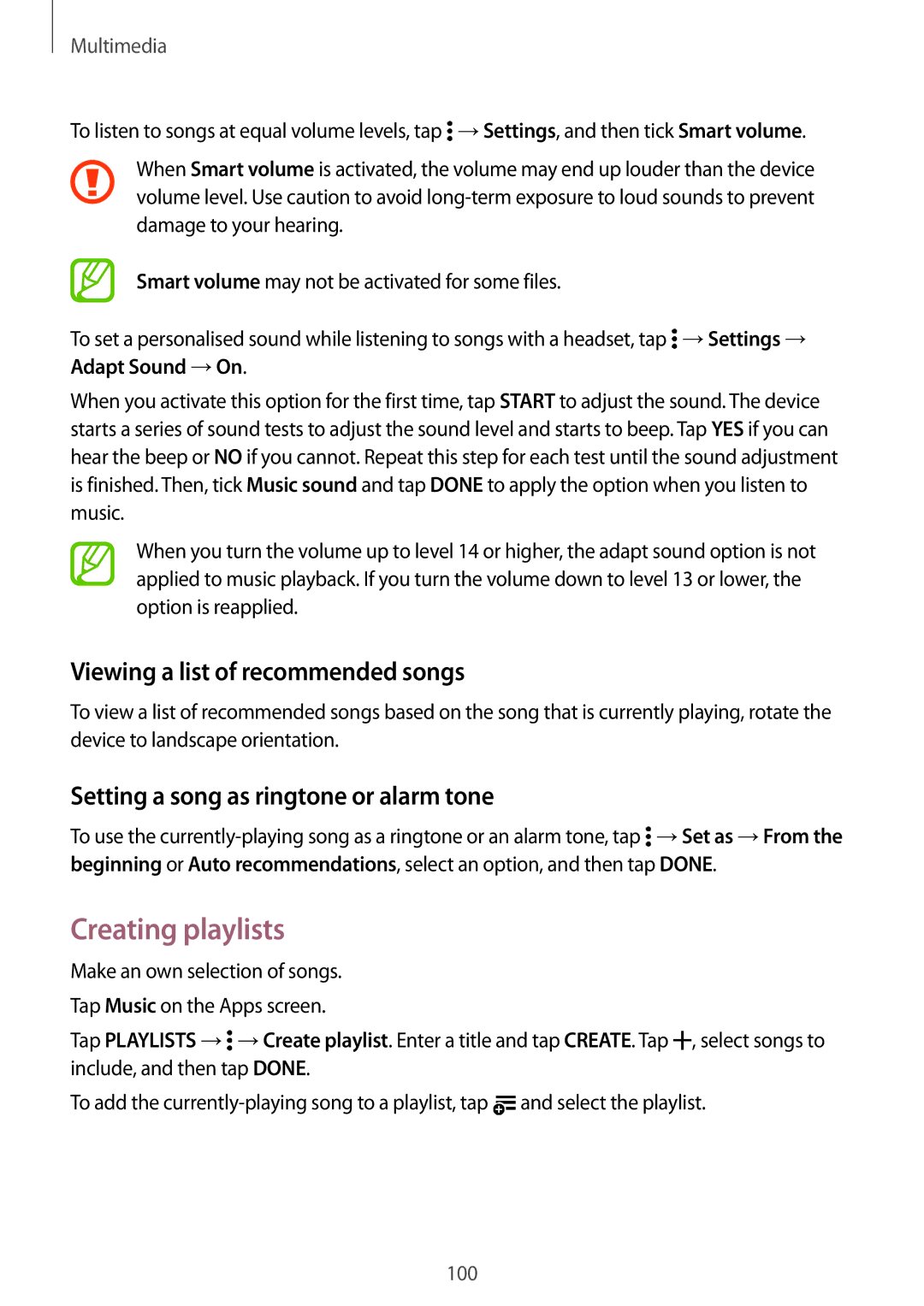 Samsung SM-G800HZDDXFE Creating playlists, Viewing a list of recommended songs, Setting a song as ringtone or alarm tone 