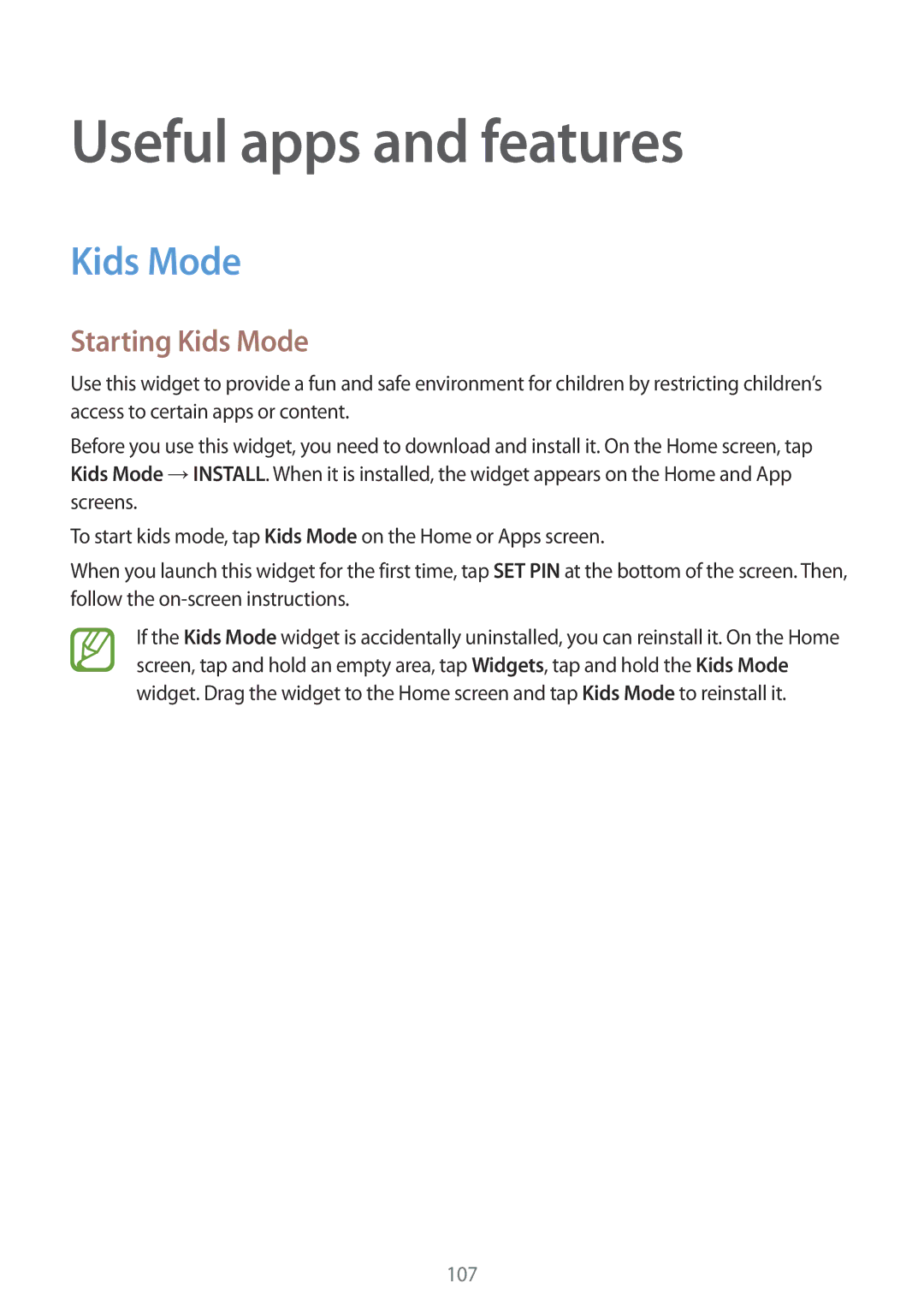 Samsung SM-G800HZKDKSA, SM-G800HZWDXFE, SM-G800HZWDTUN, SM-G800HZWDTHR manual Useful apps and features, Starting Kids Mode 