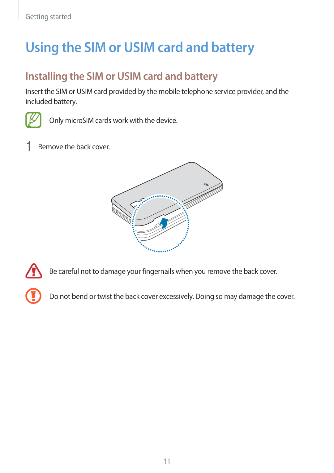 Samsung SM-G800HZBDBTC, SM-G800HZWDXFE Using the SIM or Usim card and battery, Installing the SIM or Usim card and battery 