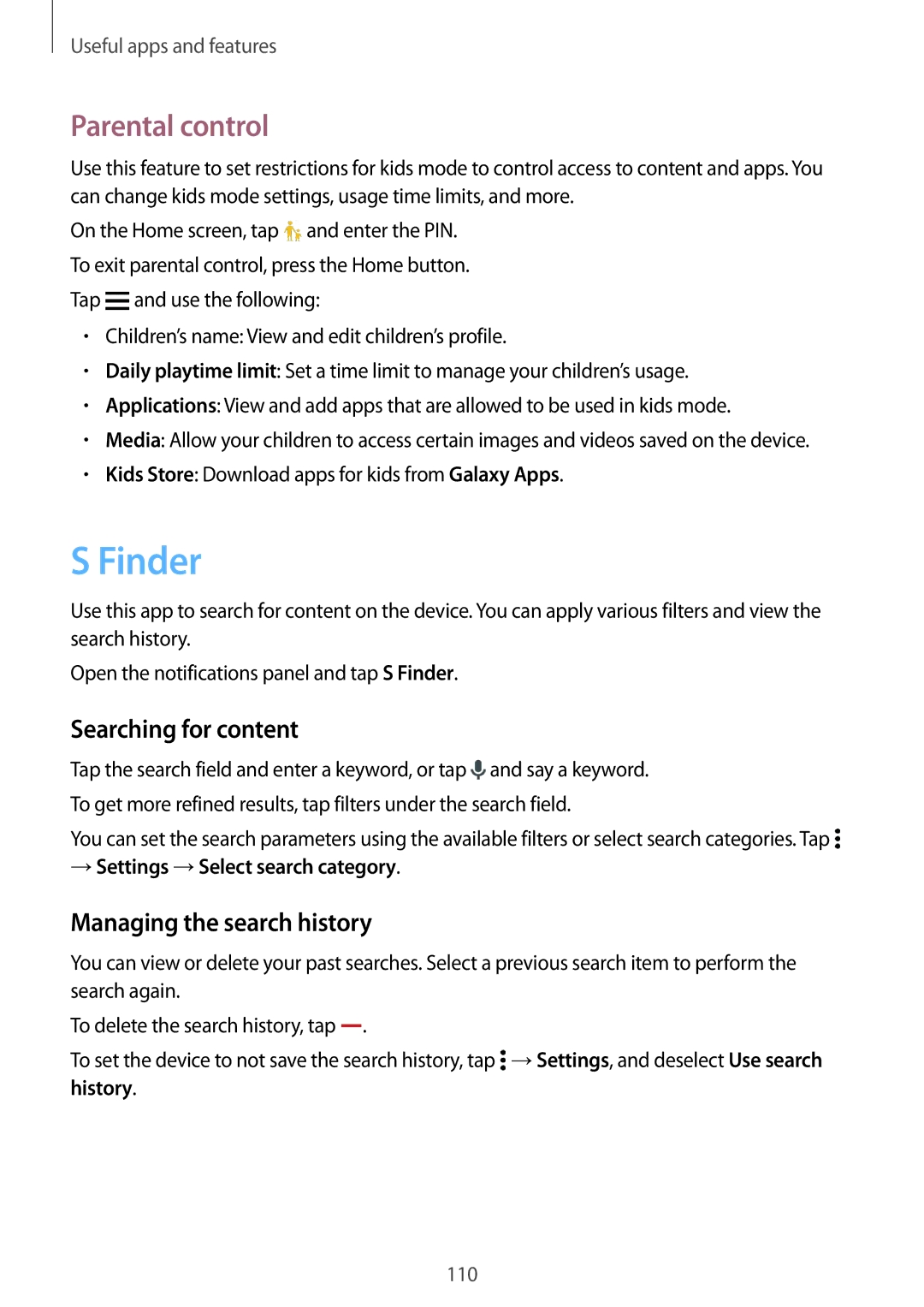 Samsung SM-G800HZDAAFR, SM-G800HZWDXFE manual Finder, Parental control, Searching for content, Managing the search history 