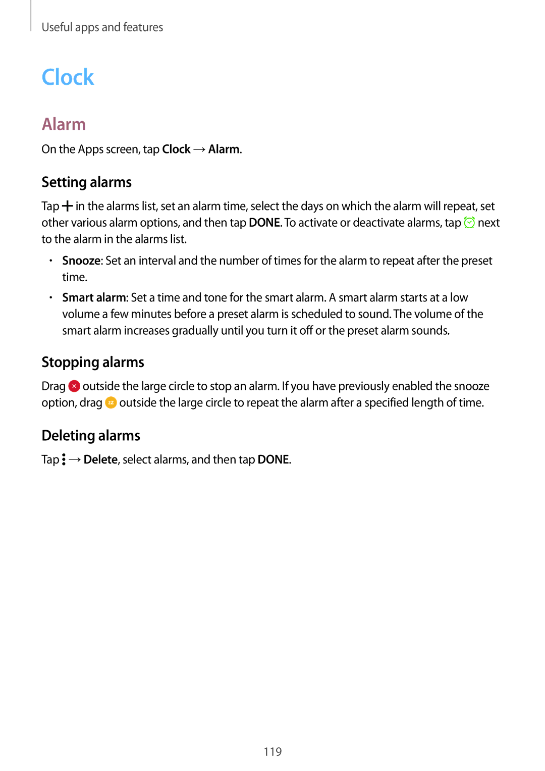 Samsung SM-G800HZWABTC, SM-G800HZWDXFE, SM-G800HZWDTUN manual Clock, Alarm, Setting alarms, Stopping alarms, Deleting alarms 