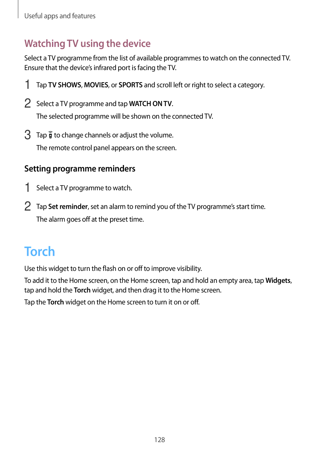 Samsung SM-G800HZWAAFR, SM-G800HZWDXFE, SM-G800HZWDTUN Torch, Watching TV using the device, Setting programme reminders 