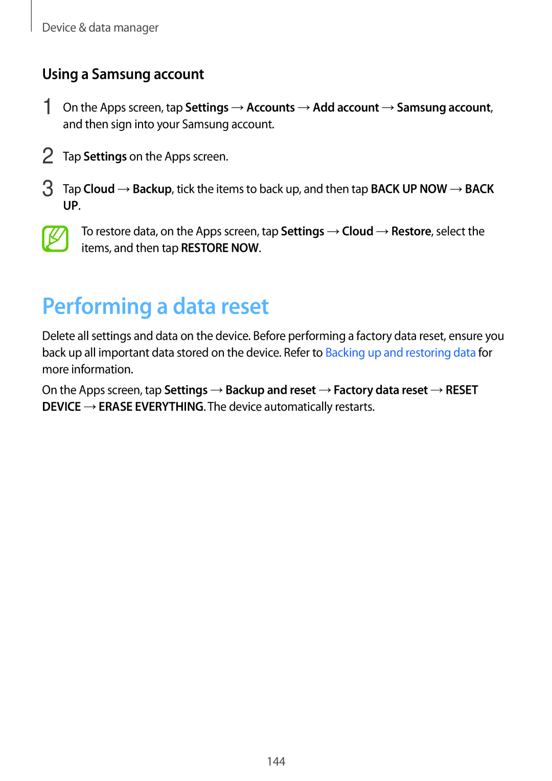 Samsung SM-G800HZBAAFR, SM-G800HZWDXFE, SM-G800HZWDTUN, SM-G800HZWDTHR manual Performing a data reset, Using a Samsung account 