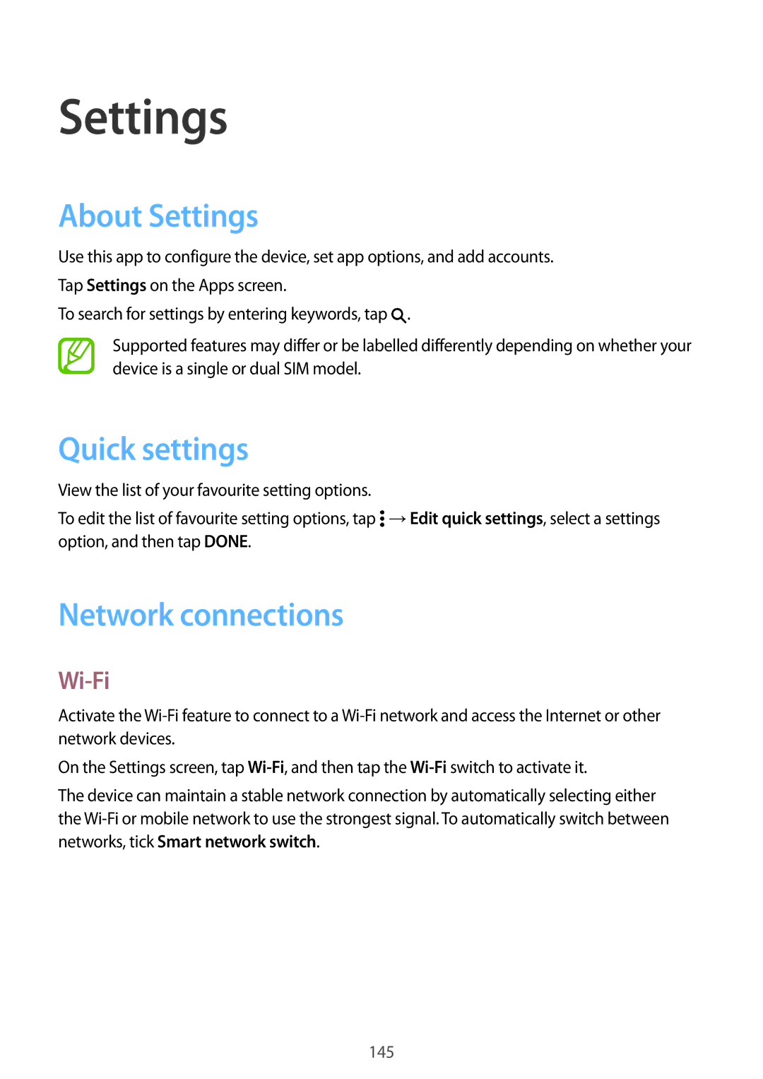 Samsung SM-G800HZBDEGY, SM-G800HZWDXFE, SM-G800HZWDTUN manual About Settings, Quick settings, Network connections, Wi-Fi 