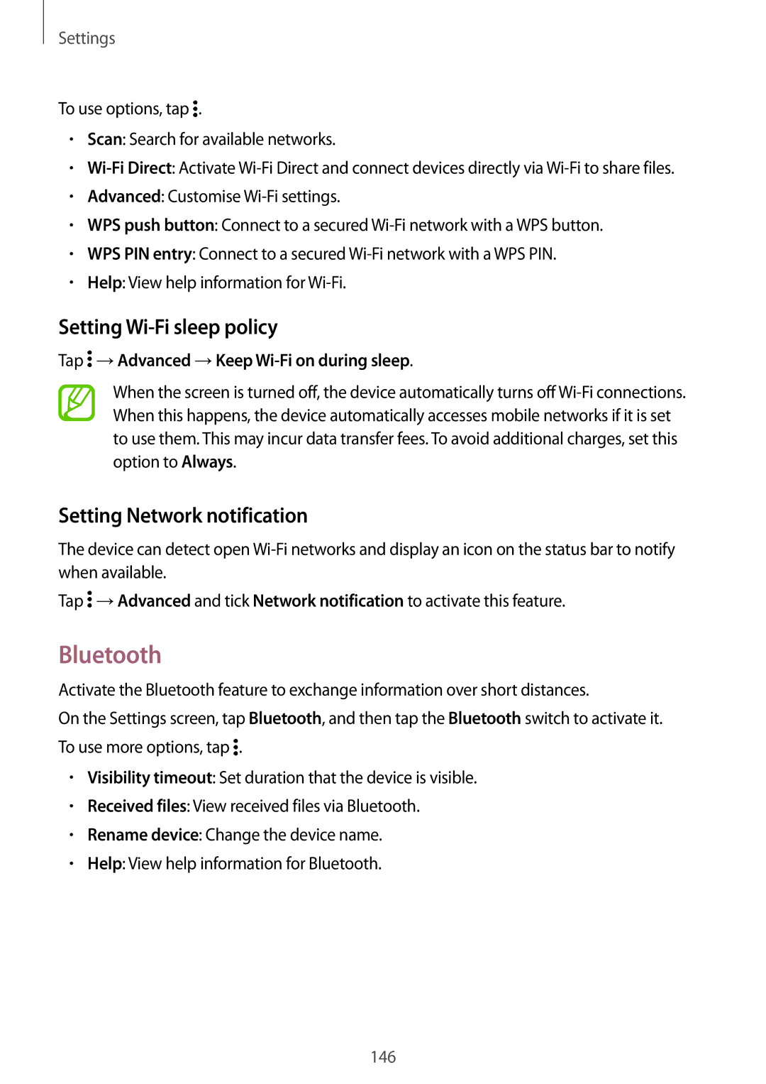 Samsung SM-G800HZDDCAC, SM-G800HZWDXFE, SM-G800HZWDTUN Bluetooth, Setting Wi-Fi sleep policy, Setting Network notification 