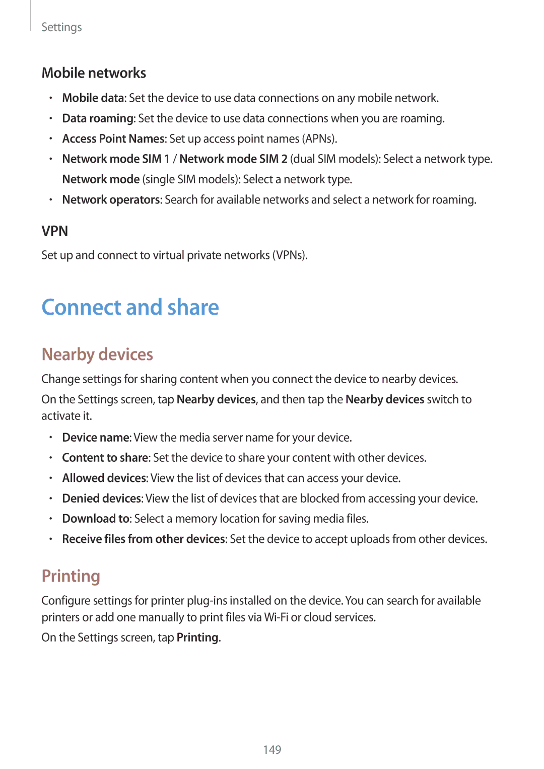 Samsung SM-G800HZKDCAC, SM-G800HZWDXFE, SM-G800HZWDTUN manual Connect and share, Nearby devices, Printing, Mobile networks 