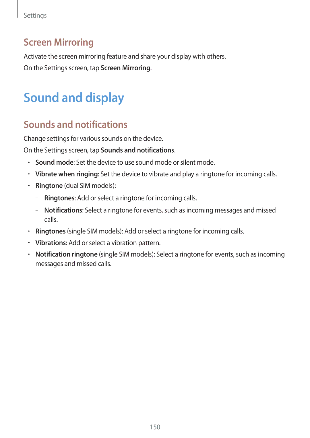 Samsung SM-G800HZWDBTC, SM-G800HZWDXFE, SM-G800HZWDTUN manual Sound and display, Screen Mirroring, Sounds and notifications 