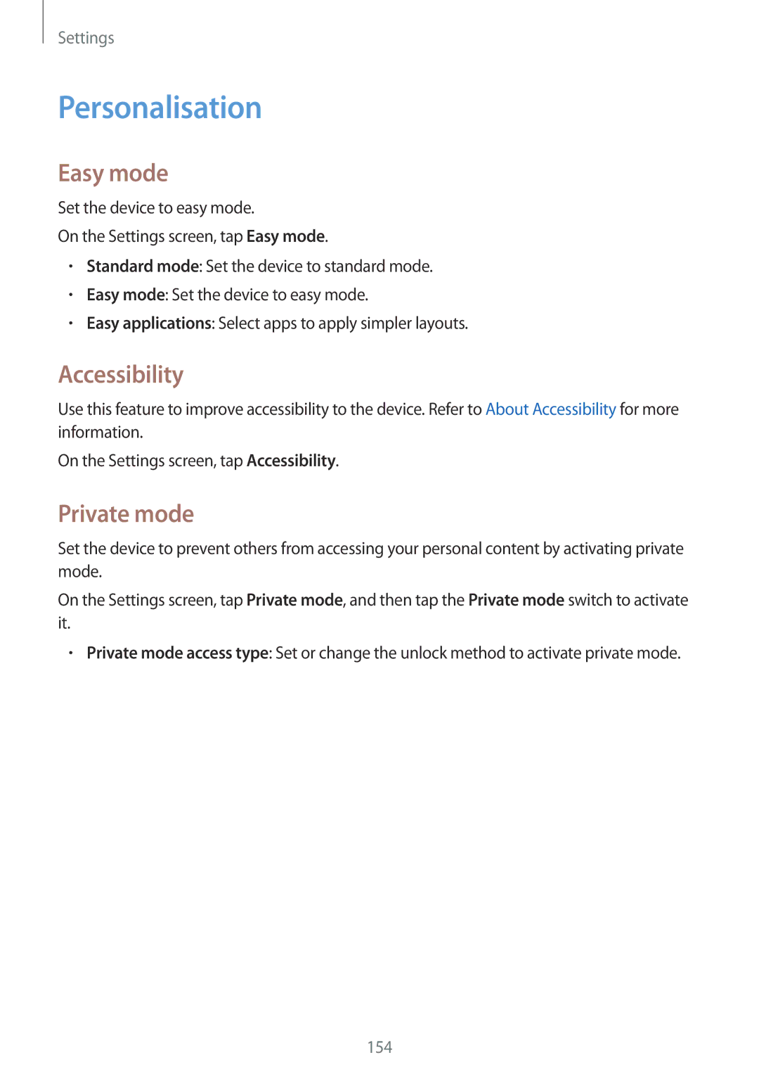 Samsung SM-G800HZBDSER, SM-G800HZWDXFE, SM-G800HZWDTUN manual Personalisation, Easy mode, Accessibility, Private mode 