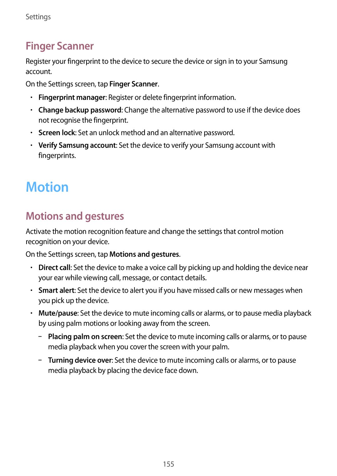 Samsung SM-G800HZWASER, SM-G800HZWDXFE, SM-G800HZWDTUN, SM-G800HZWDTHR manual Finger Scanner, Motions and gestures 