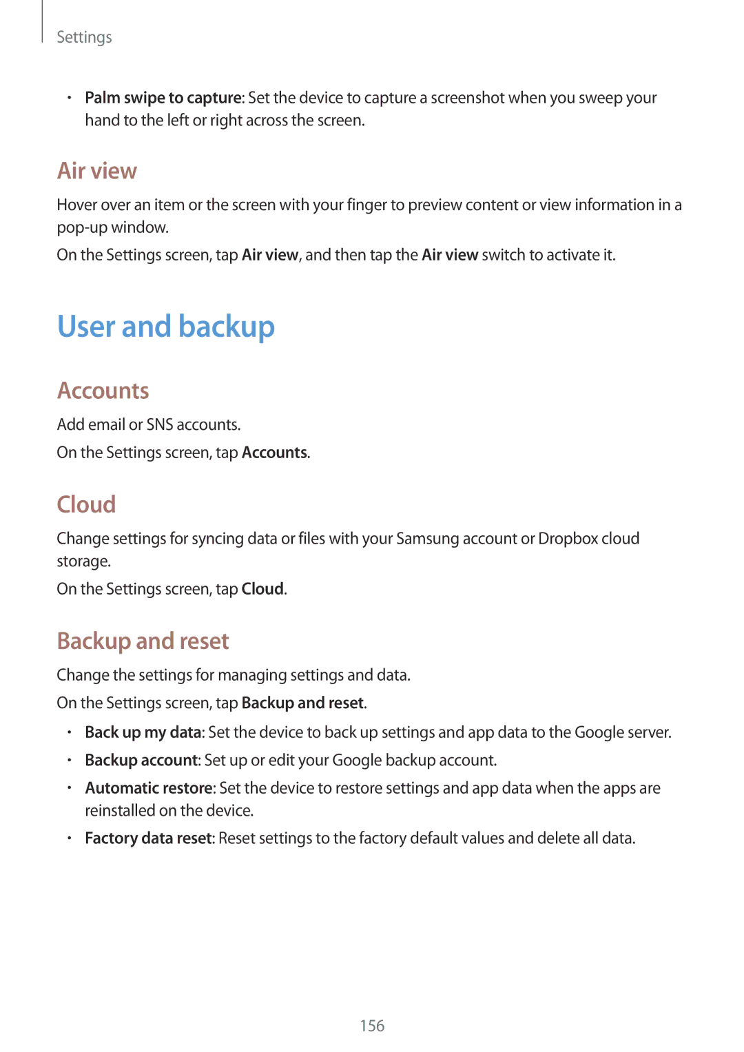 Samsung SM-G800HZWDSER, SM-G800HZWDXFE, SM-G800HZWDTUN manual User and backup, Air view, Accounts, Cloud, Backup and reset 