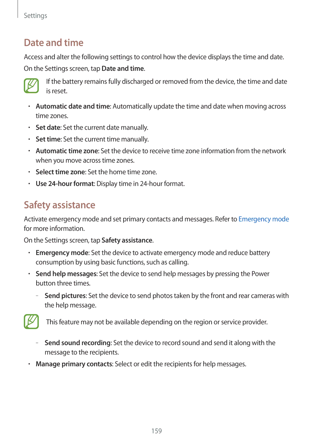Samsung SM-G800HZBASER, SM-G800HZWDXFE, SM-G800HZWDTUN, SM-G800HZWDTHR, SM-G800HZWAXFE manual Date and time, Safety assistance 