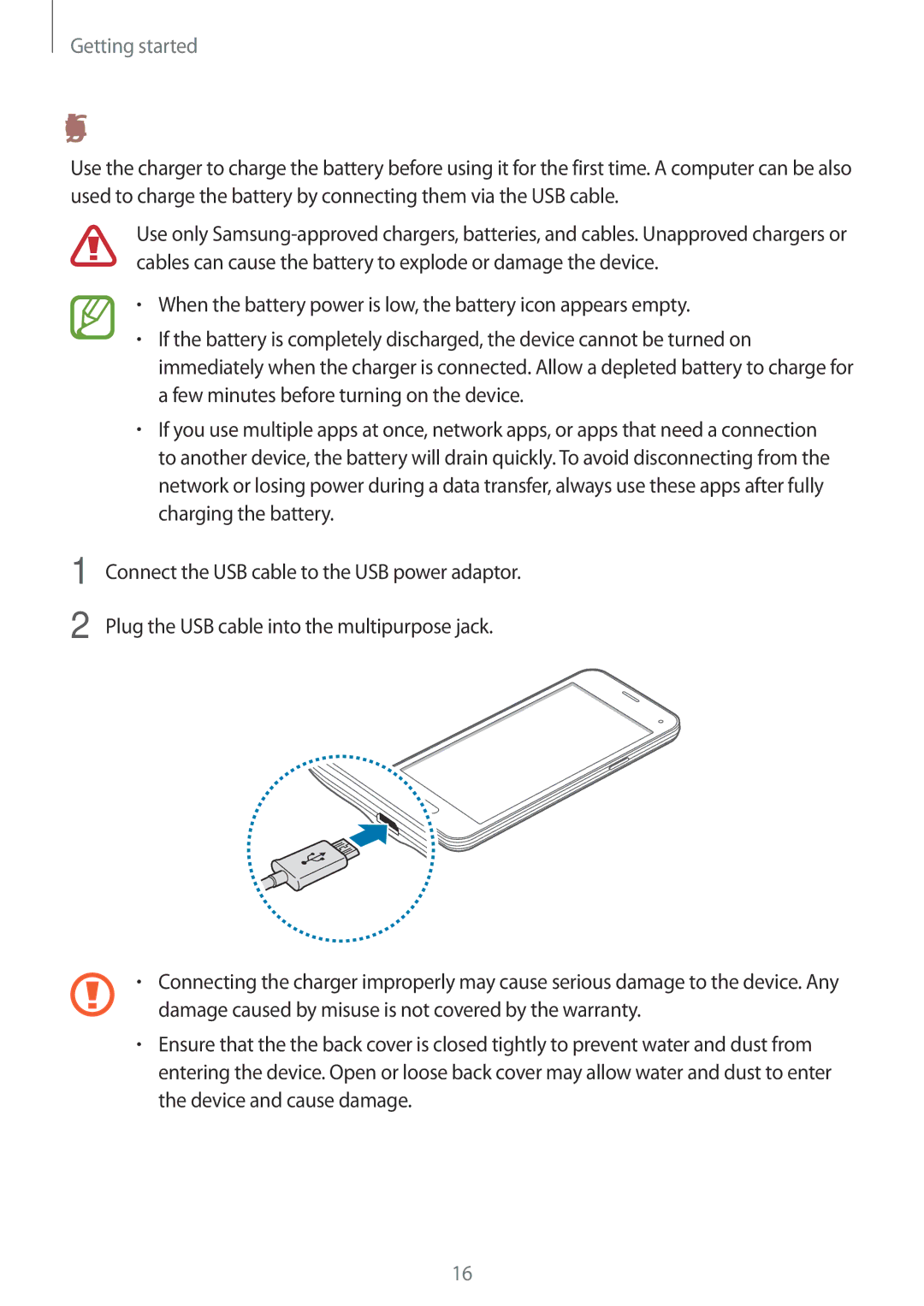 Samsung SM-G800HZWDEGY, SM-G800HZWDXFE, SM-G800HZWDTUN, SM-G800HZWDTHR, SM-G800HZWAXFE, SM-G800HZBDCAC Charging the battery 