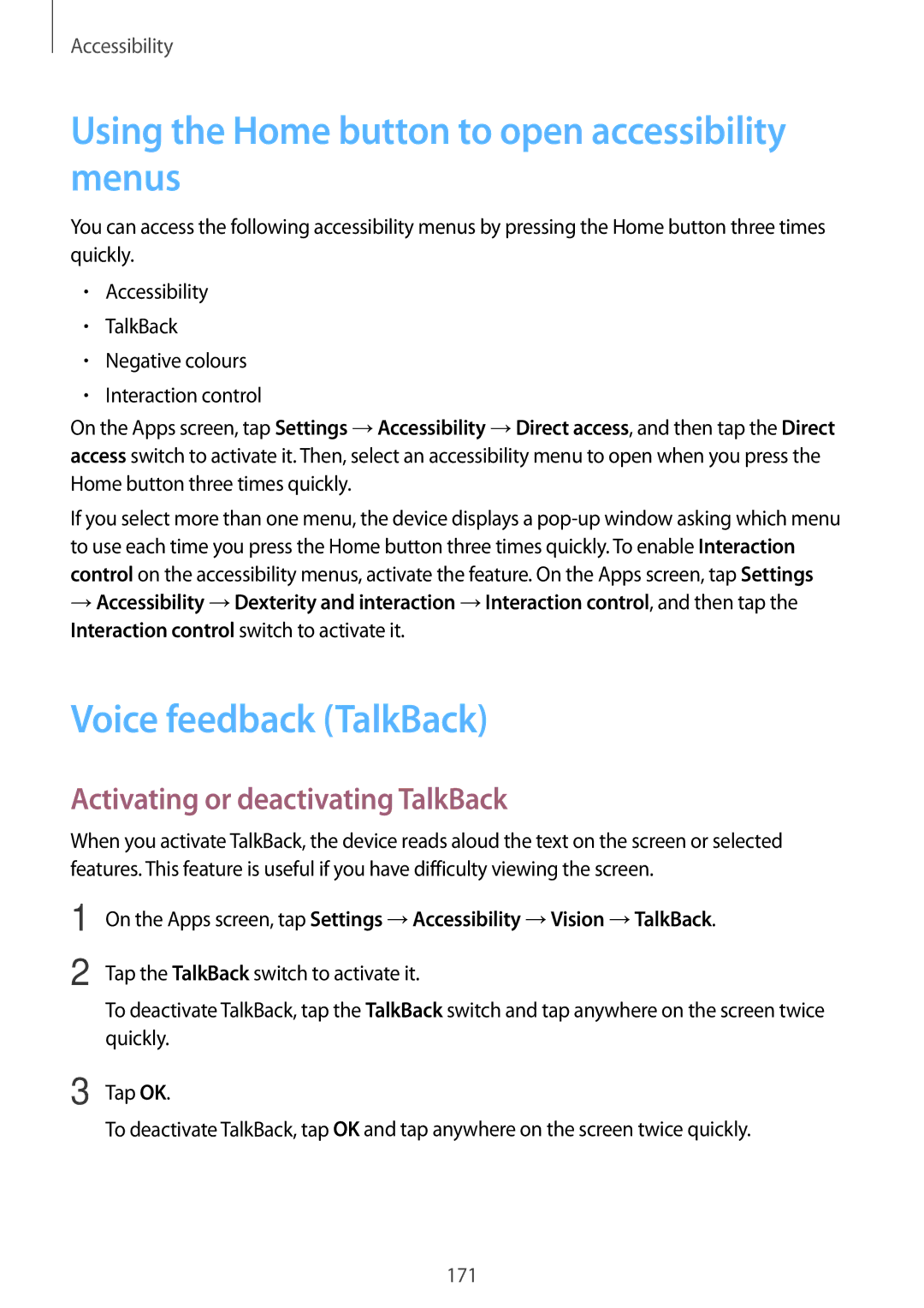 Samsung SM-G800HZBDBTC, SM-G800HZWDXFE manual Using the Home button to open accessibility menus, Voice feedback TalkBack 