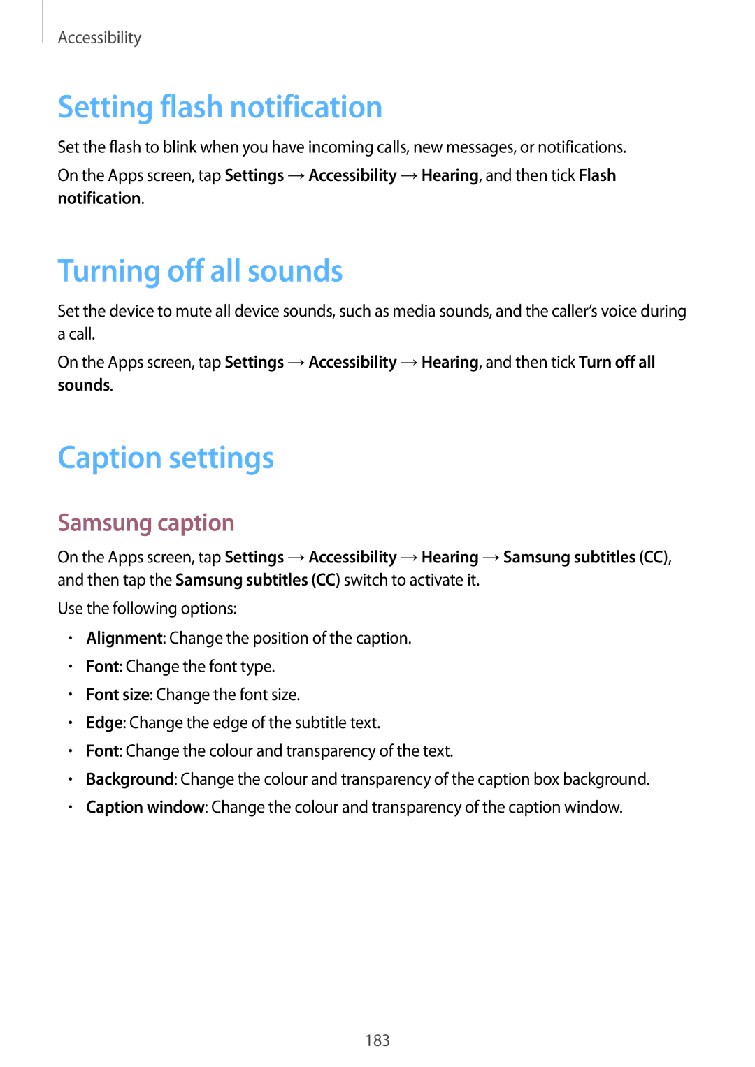 Samsung SM-G800HZWDWTL manual Setting flash notification, Turning off all sounds, Caption settings, Samsung caption 