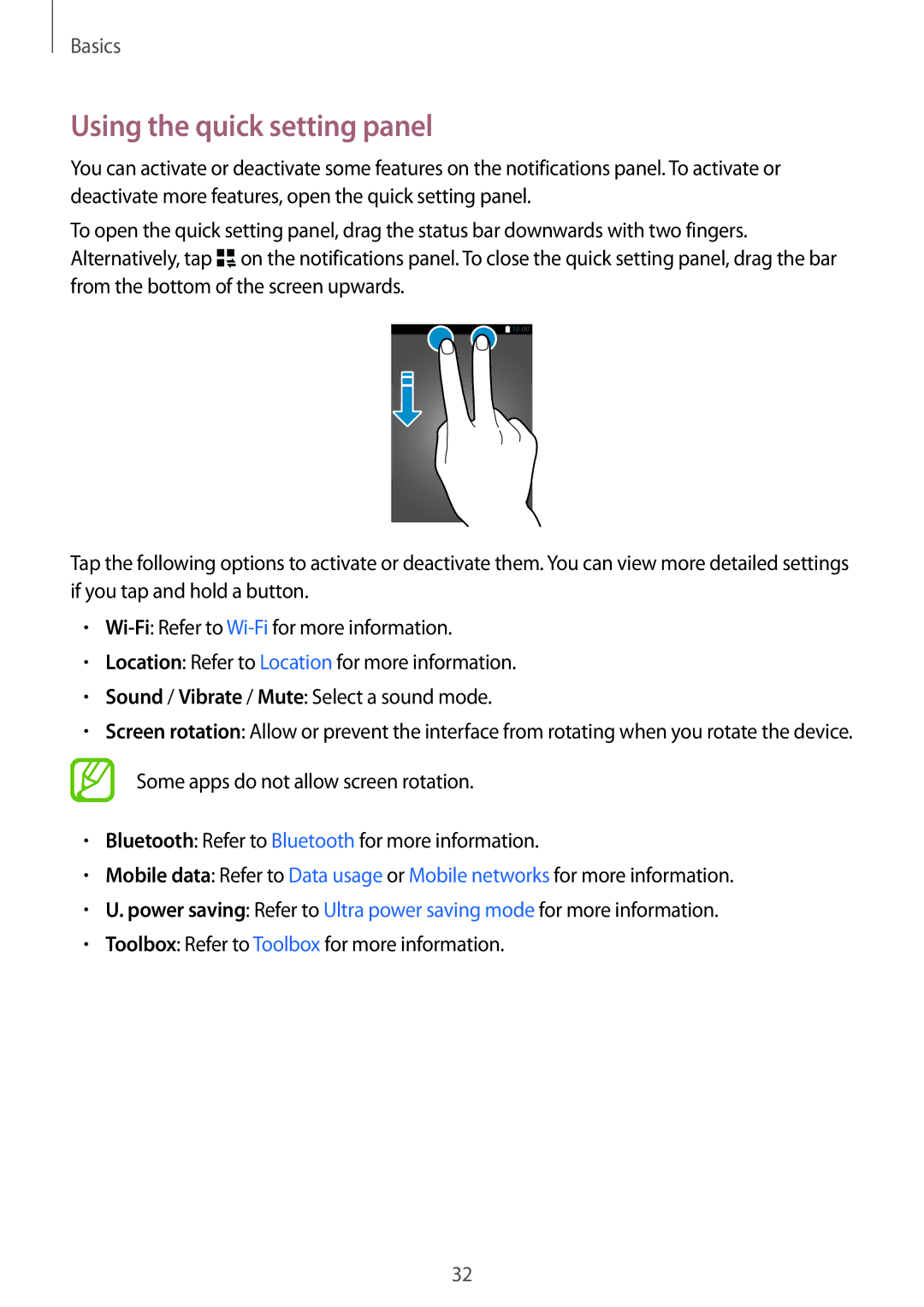 Samsung SM-G800HZDDECT, SM-G800HZWDXFE, SM-G800HZWDTUN, SM-G800HZWDTHR, SM-G800HZWAXFE manual Using the quick setting panel 