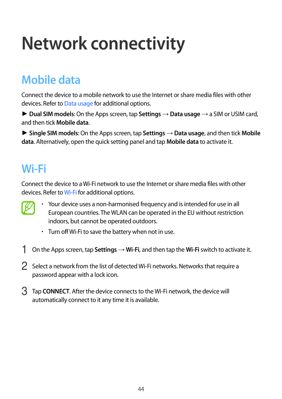 Samsung SM-G800HZDDWTL, SM-G800HZWDXFE, SM-G800HZWDTUN, SM-G800HZWDTHR manual Network connectivity, Mobile data, Wi-Fi 