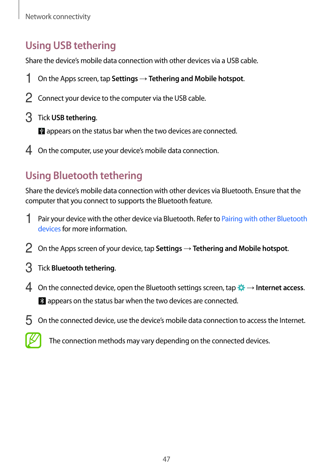 Samsung SM-G800HZKDTMC manual Using USB tethering, Using Bluetooth tethering, Tick USB tethering, Tick Bluetooth tethering 