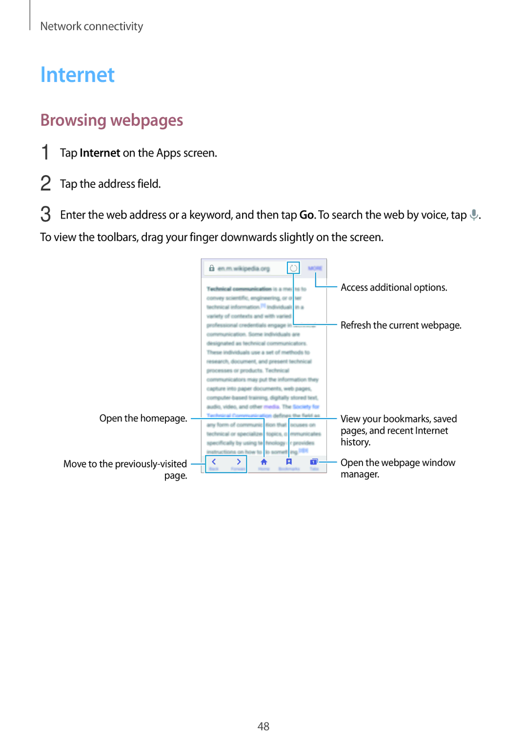 Samsung SM-G800HZWAAFR, SM-G800HZWDXFE, SM-G800HZWDTUN, SM-G800HZWDTHR, SM-G800HZWAXFE manual Internet, Browsing webpages 