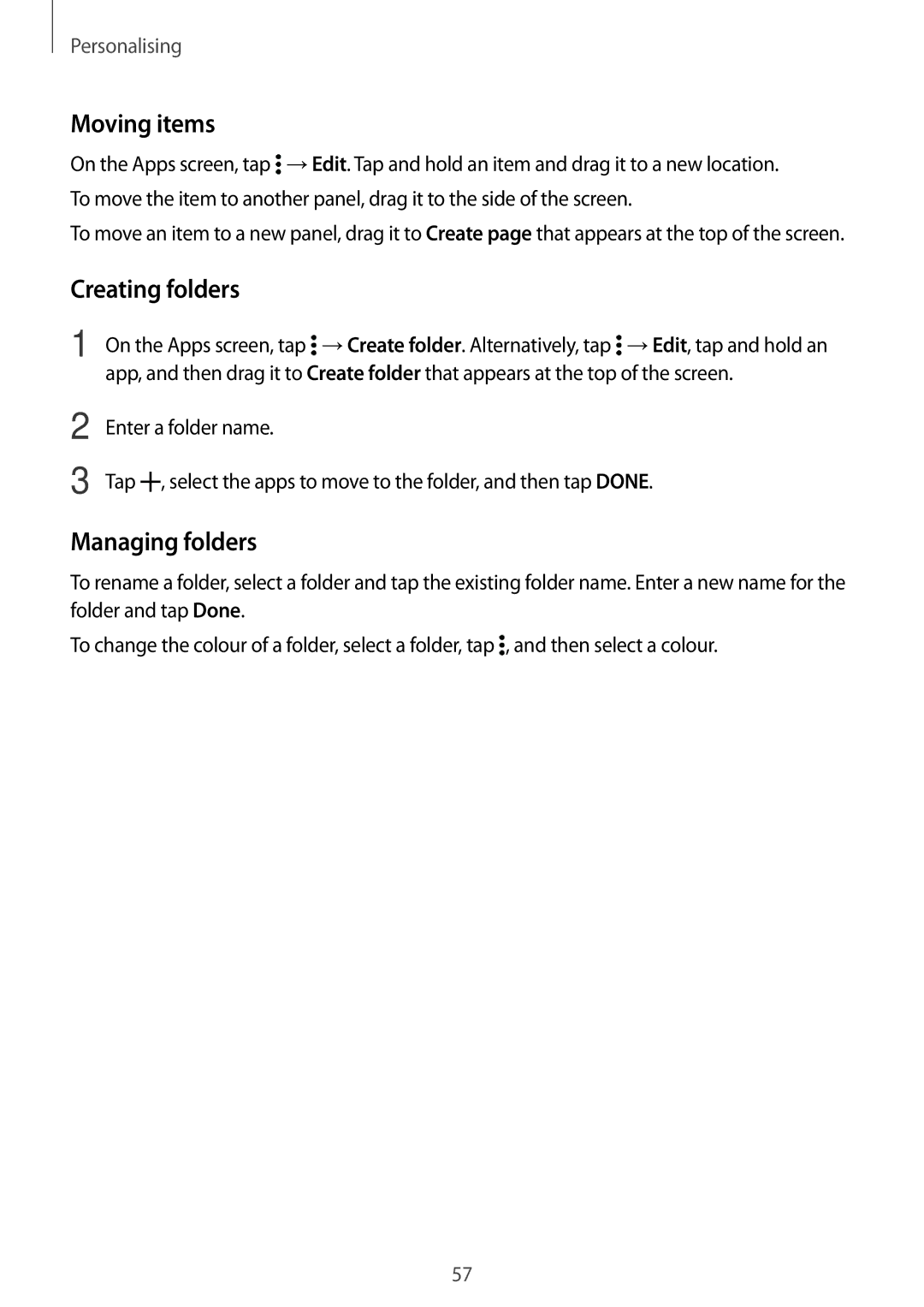 Samsung SM-G800HZDDACR, SM-G800HZWDXFE, SM-G800HZWDTUN, SM-G800HZWDTHR, SM-G800HZWAXFE manual Moving items, Creating folders 