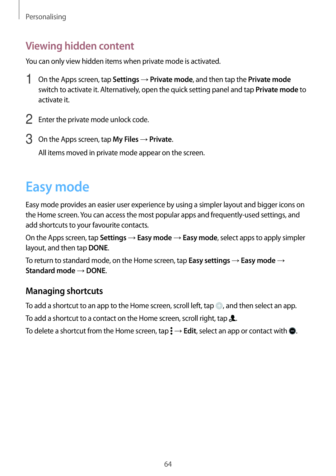 Samsung SM-G800HZBAAFR, SM-G800HZWDXFE, SM-G800HZWDTUN, SM-G800HZWDTHR Easy mode, Viewing hidden content, Managing shortcuts 