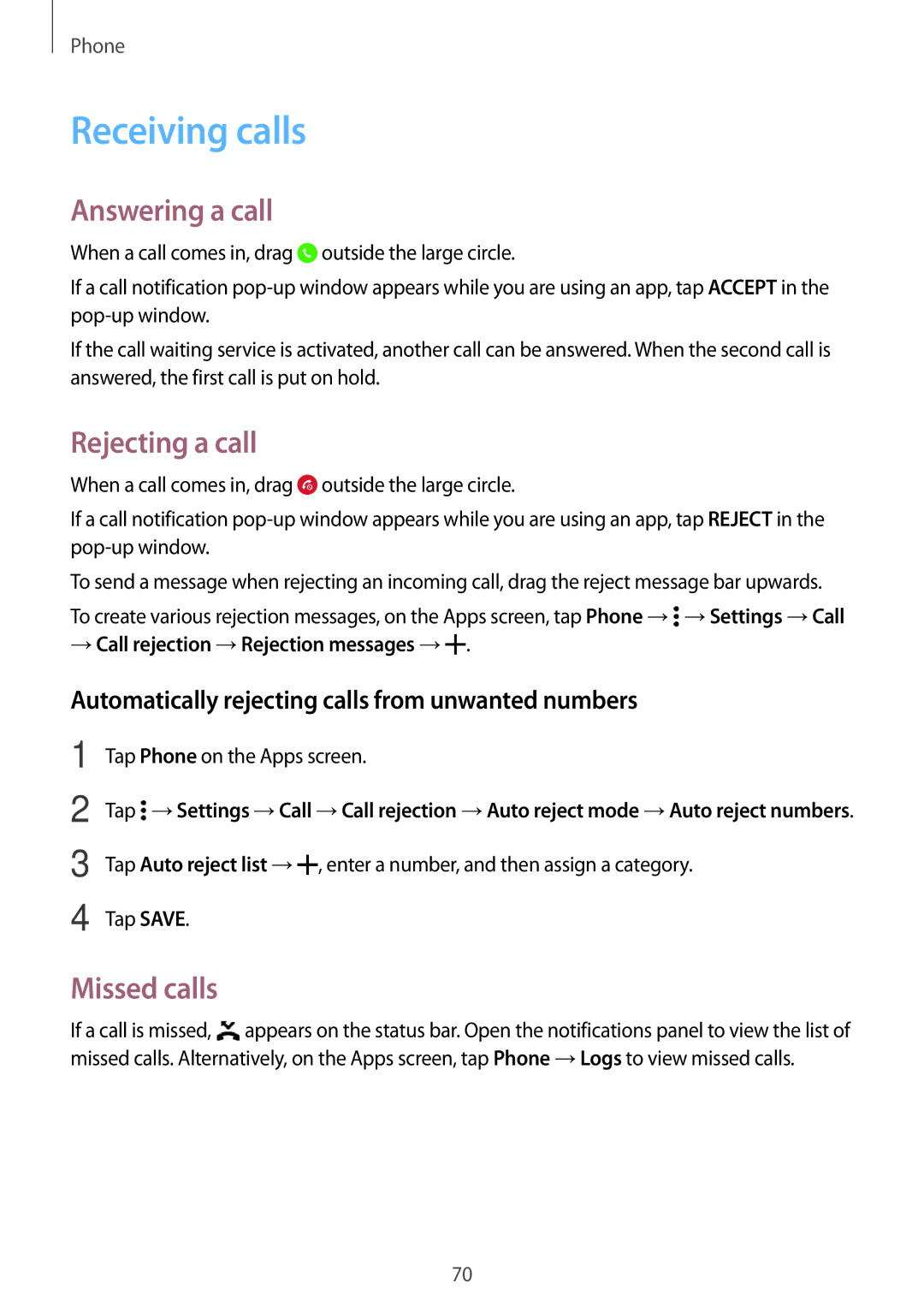 Samsung SM-G800HZWDBTC, SM-G800HZWDXFE, SM-G800HZWDTUN Receiving calls, Answering a call, Rejecting a call, Missed calls 