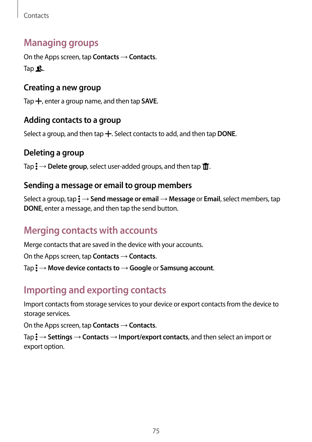 Samsung SM-G800HZWASER, SM-G800HZWDXFE Managing groups, Merging contacts with accounts, Importing and exporting contacts 