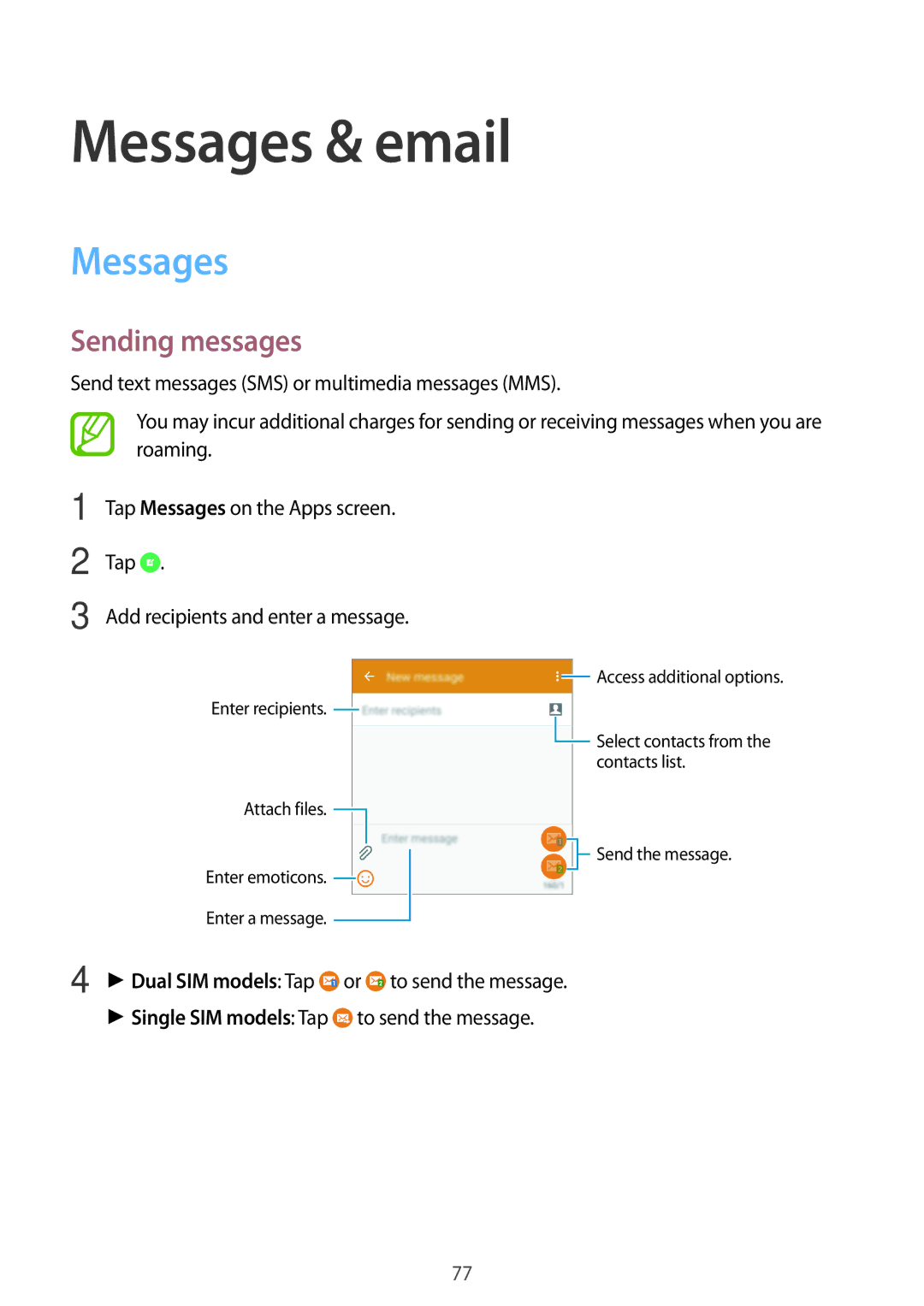 Samsung SM-G800HZKASER, SM-G800HZWDXFE, SM-G800HZWDTUN, SM-G800HZWDTHR, SM-G800HZWAXFE Messages & email, Sending messages 