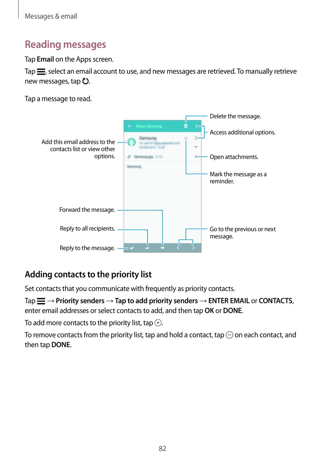 Samsung SM-G800HZWDTHR, SM-G800HZWDXFE, SM-G800HZWDTUN manual Reading messages, Adding contacts to the priority list 