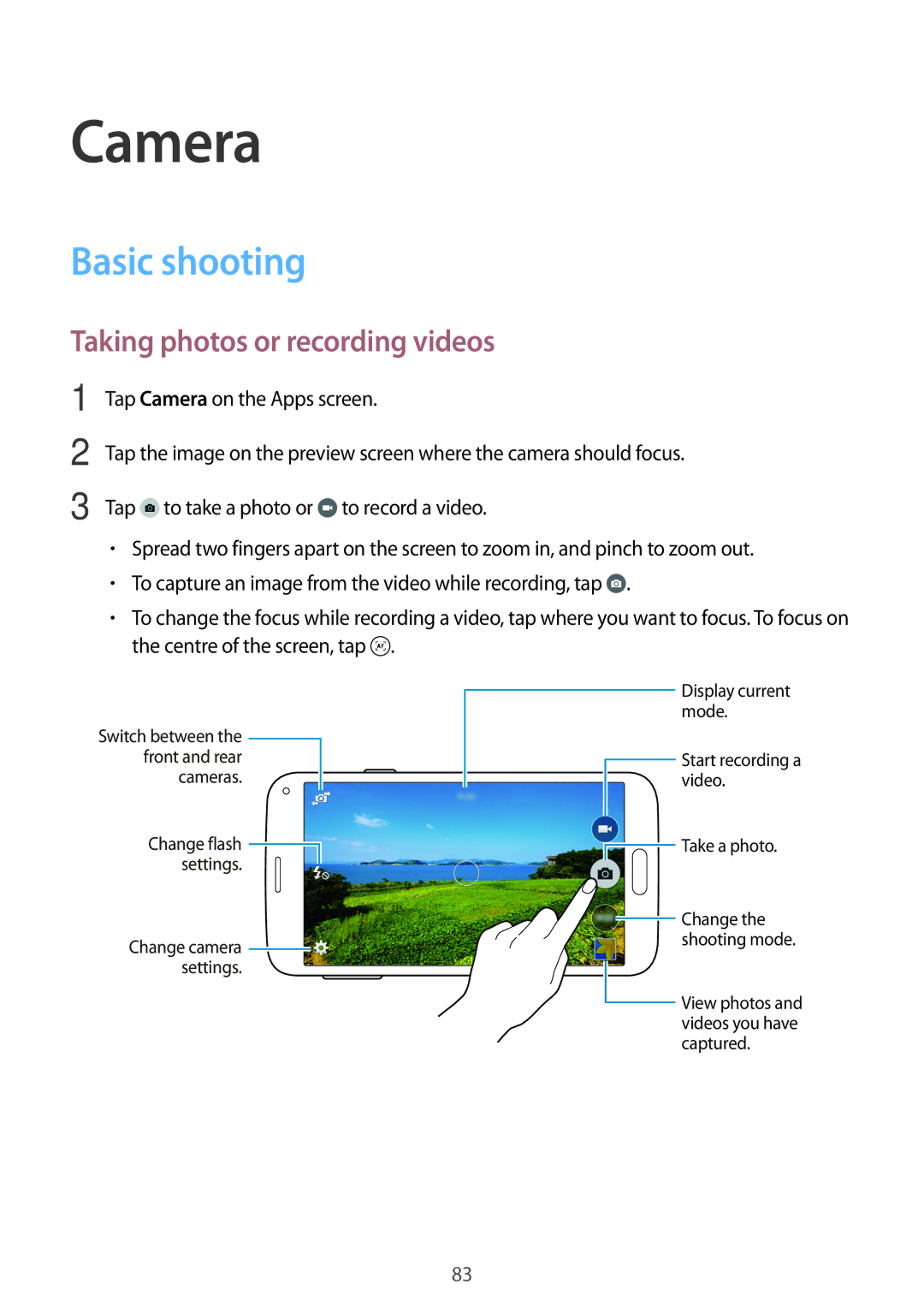 Samsung SM-G800HZWAXFE, SM-G800HZWDXFE, SM-G800HZWDTUN manual Camera, Basic shooting, Taking photos or recording videos 