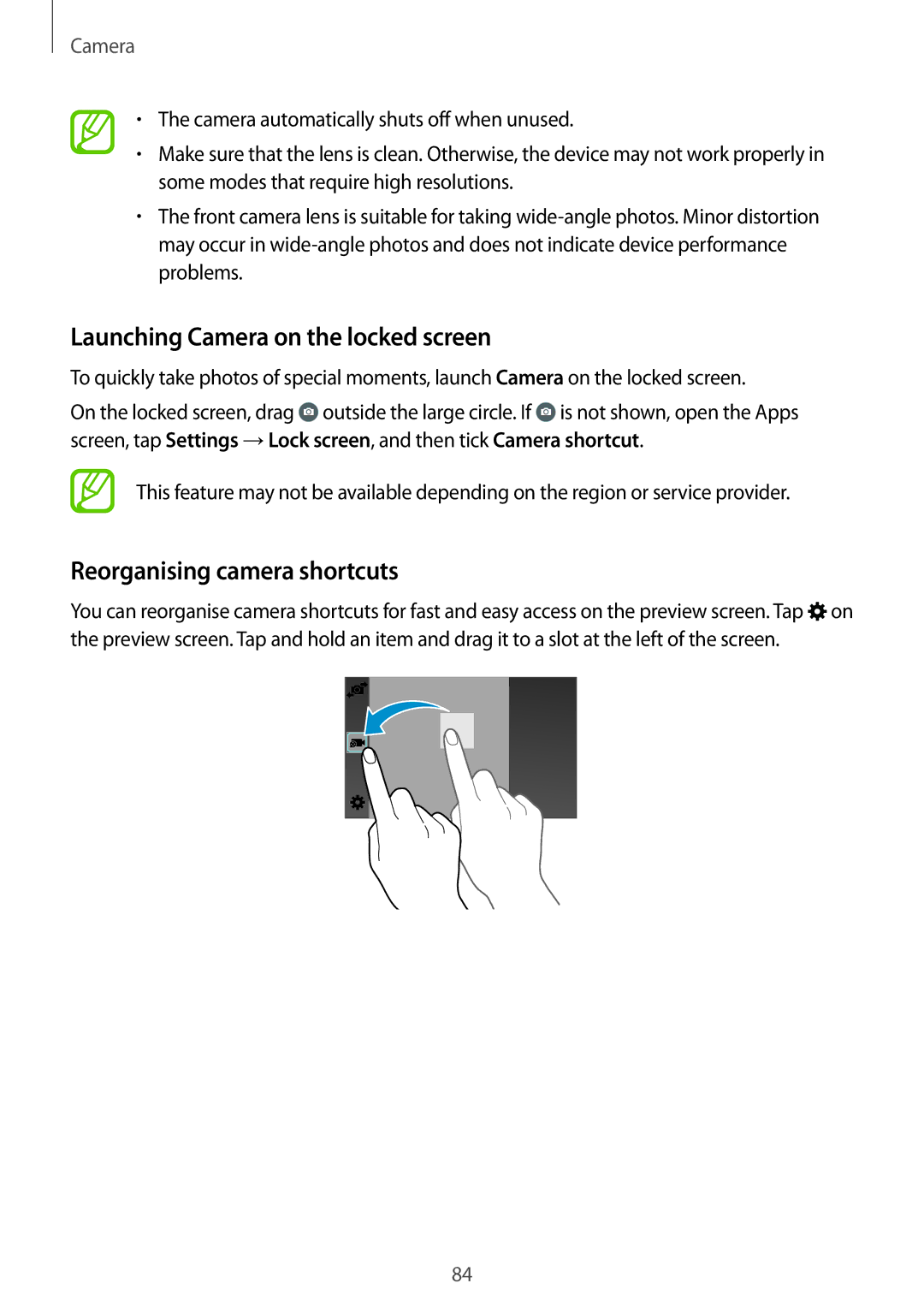 Samsung SM-G800HZBDCAC, SM-G800HZWDXFE, SM-G800HZWDTUN Launching Camera on the locked screen, Reorganising camera shortcuts 