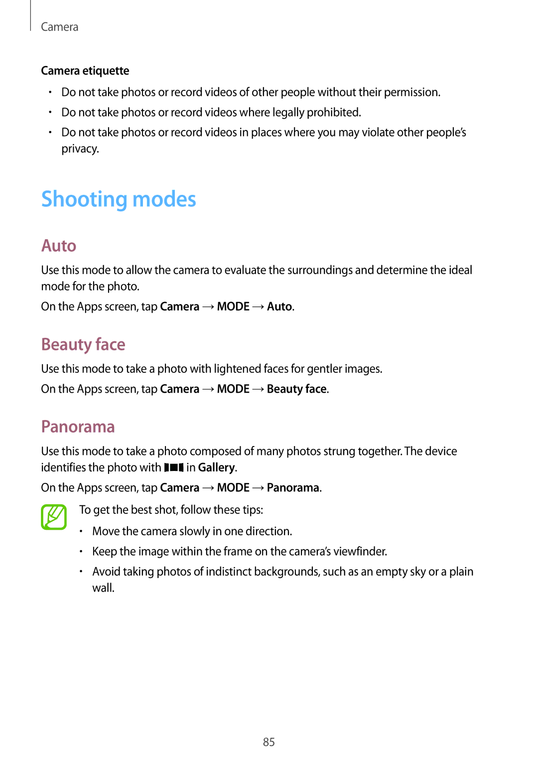 Samsung SM-G800HZDABTC, SM-G800HZWDXFE, SM-G800HZWDTUN manual Shooting modes, Auto, Beauty face, Panorama, Camera etiquette 