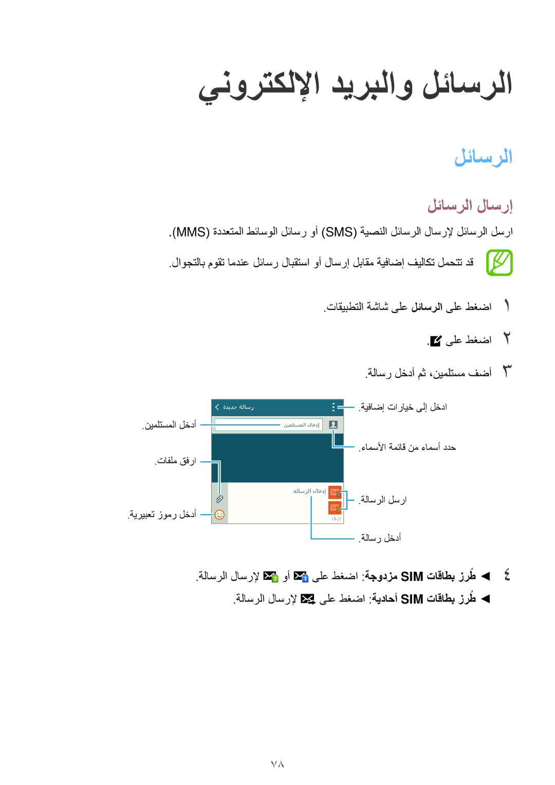 Samsung SM-G800HZDAXFE, SM-G800HZWDXFE, SM-G800HZWDTUN, SM-G800HZWDTHR manual ينورتكللإا ديربلاو لئاسرلا, لئاسرلا لاسرإ 