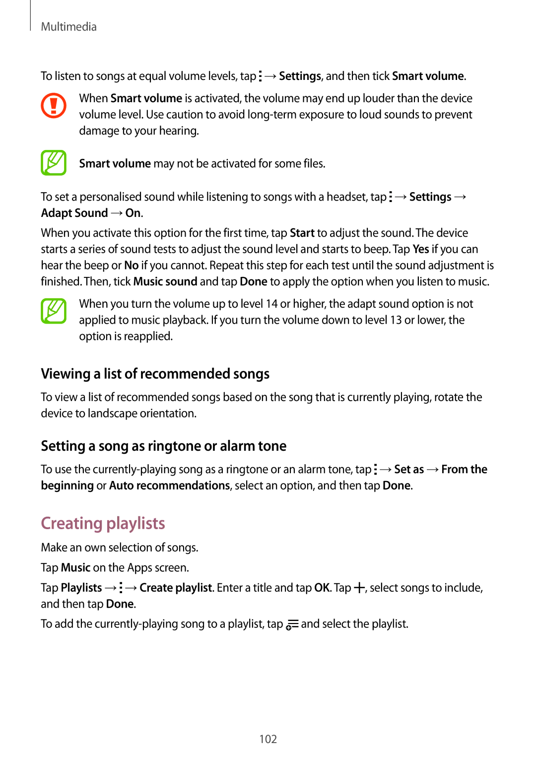 Samsung SM-G800HZKDLYS Creating playlists, Viewing a list of recommended songs, Setting a song as ringtone or alarm tone 