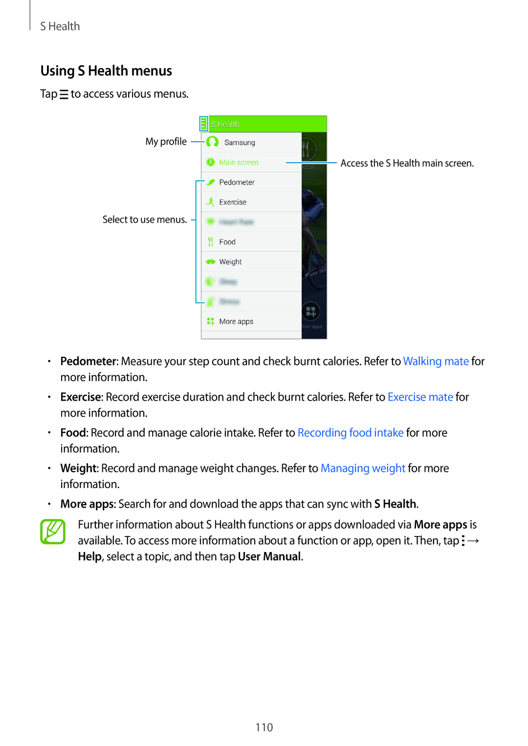 Samsung SM-G800HZDAAFR, SM-G800HZWDXFE, SM-G800HZWDTUN, SM-G800HZWDTHR Using S Health menus, Tap to access various menus 