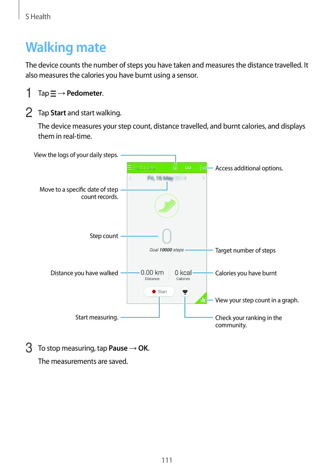 Samsung SM-G800HZDDBTC, SM-G800HZWDXFE, SM-G800HZWDTUN, SM-G800HZWDTHR, SM-G800HZWAXFE manual Walking mate, Tap →Pedometer 