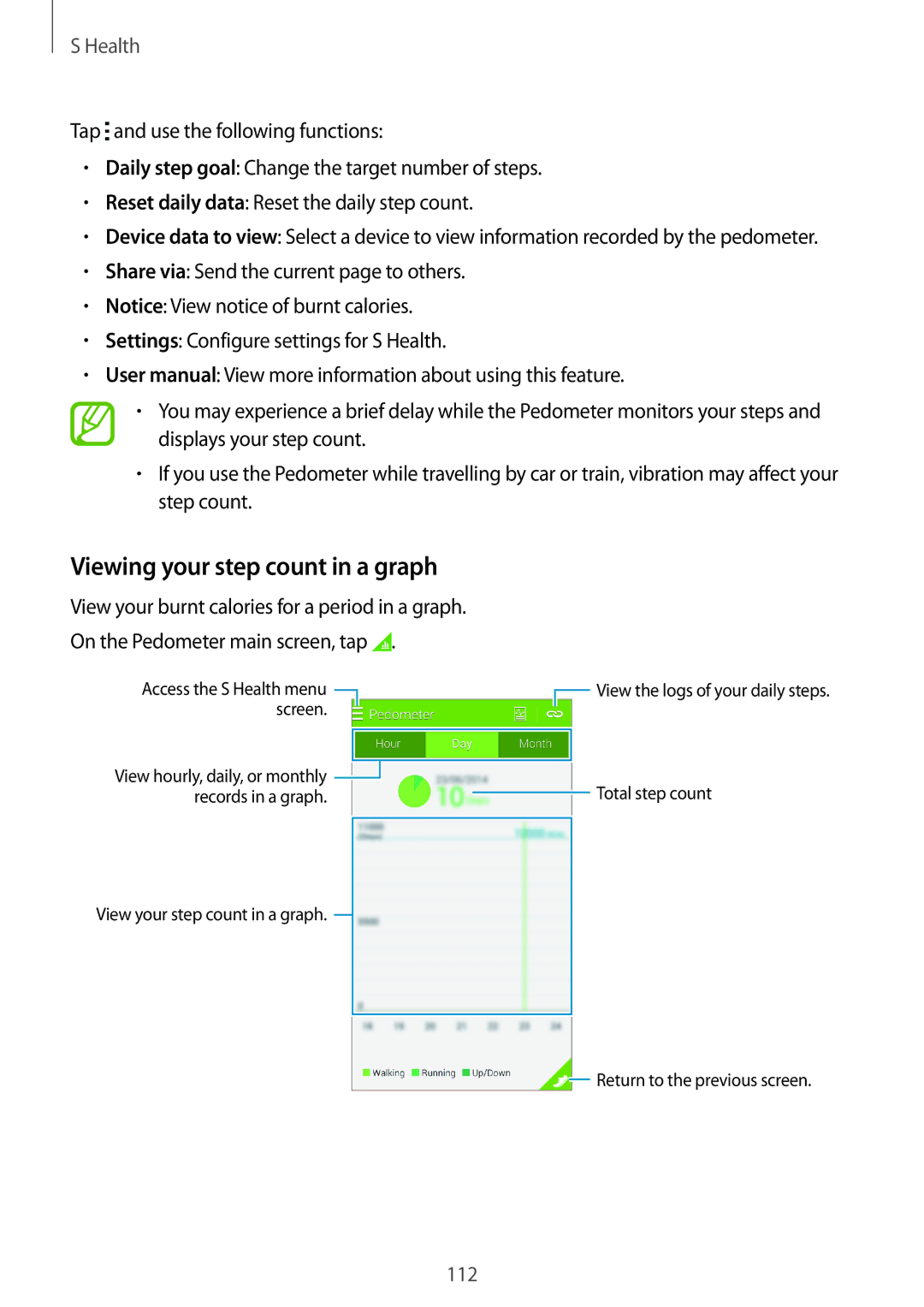 Samsung SM-G800HZDDECT, SM-G800HZWDXFE, SM-G800HZWDTUN, SM-G800HZWDTHR, SM-G800HZWAXFE Viewing your step count in a graph 