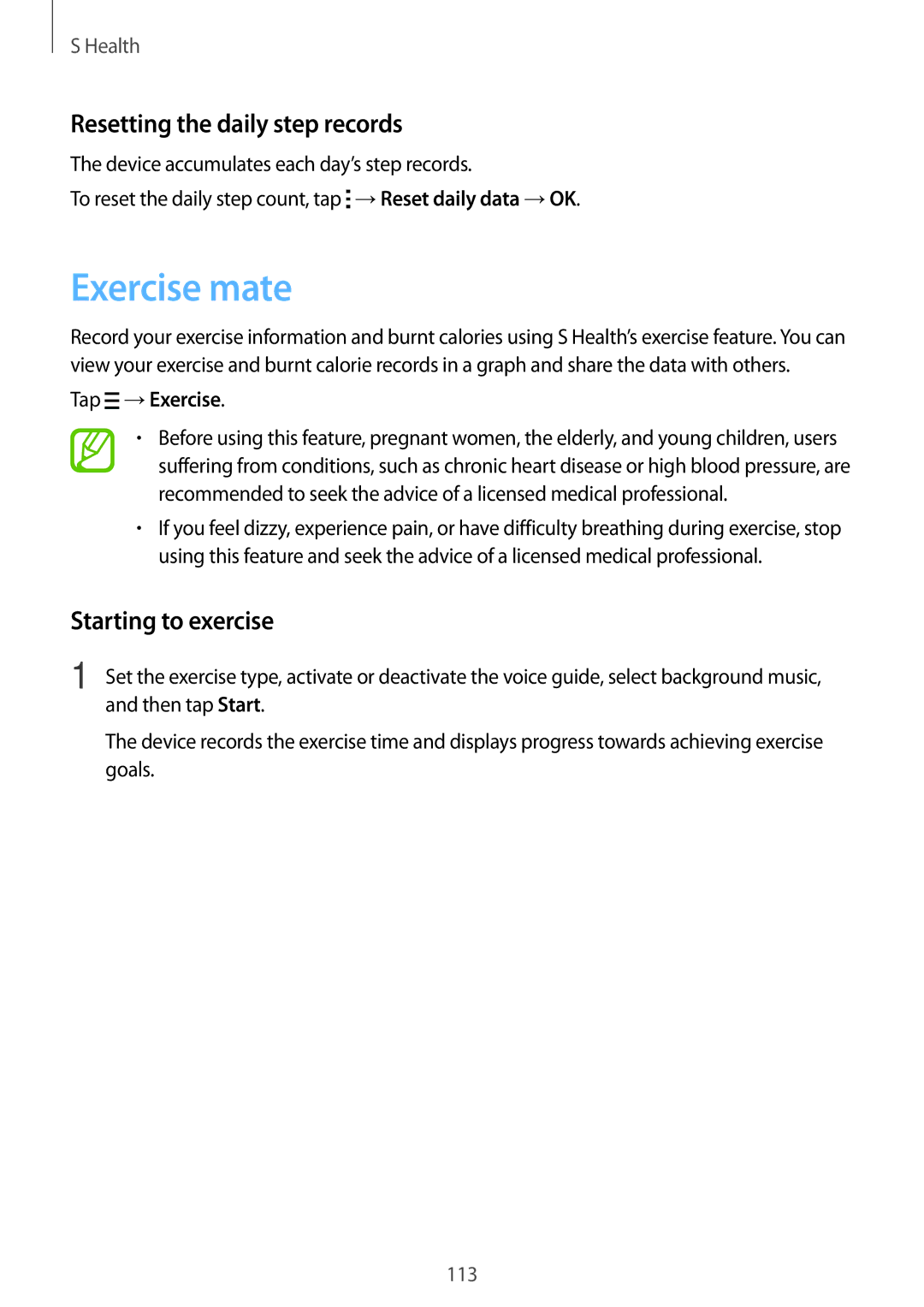 Samsung SM-G800HZDDEGY manual Exercise mate, Resetting the daily step records, Starting to exercise, Tap →Exercise 