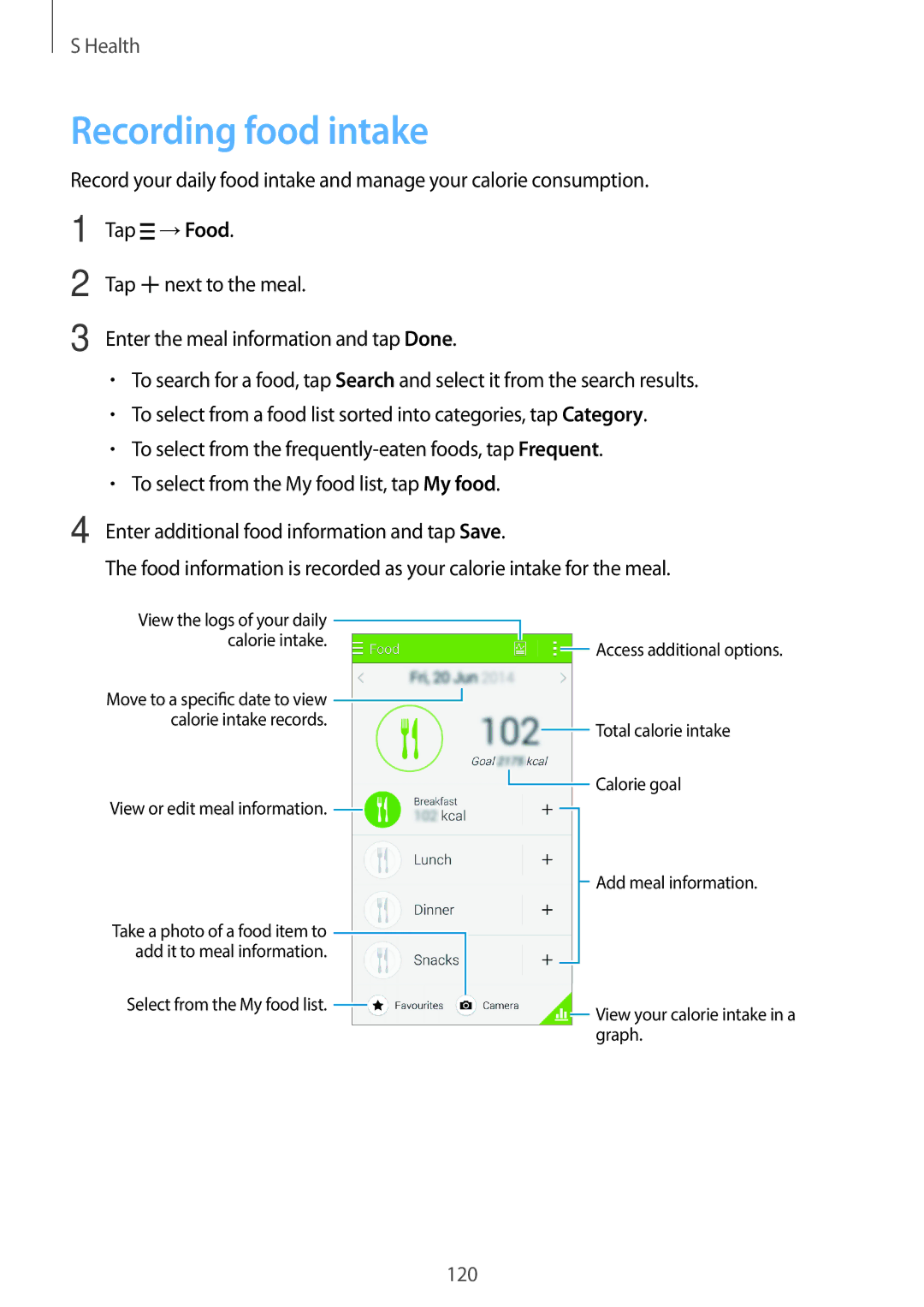 Samsung SM-G800HZWDACR, SM-G800HZWDXFE, SM-G800HZWDTUN, SM-G800HZWDTHR, SM-G800HZWAXFE, SM-G800HZBDCAC Recording food intake 