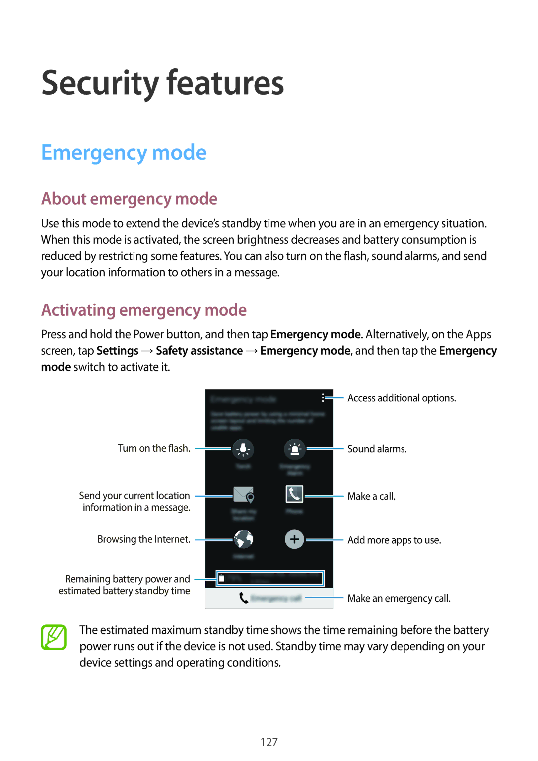 Samsung SM-G800HZKDTMC, SM-G800HZWDXFE Security features, Emergency mode, About emergency mode, Activating emergency mode 