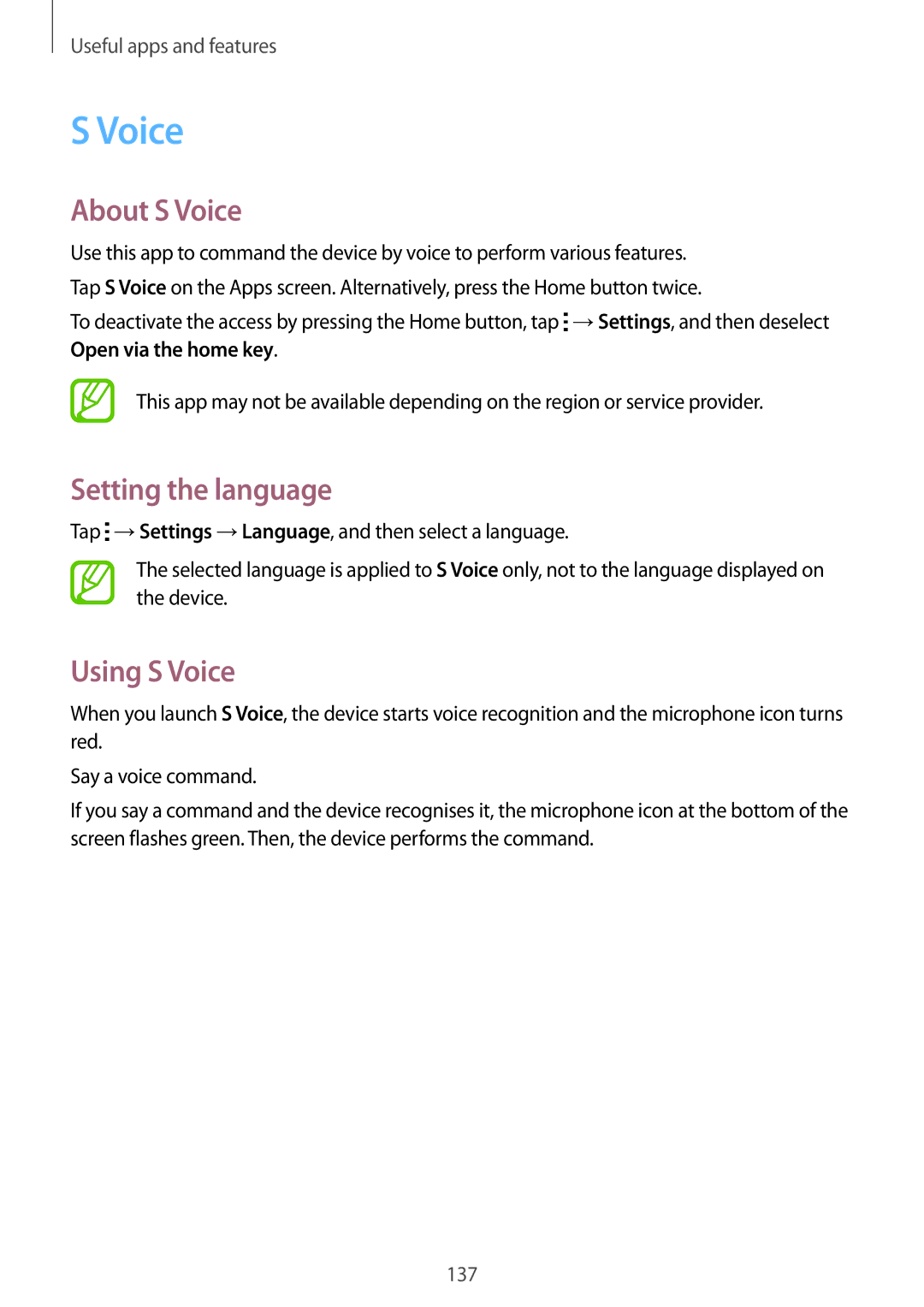 Samsung SM-G800HZDDACR, SM-G800HZWDXFE, SM-G800HZWDTUN manual About S Voice, Setting the language, Using S Voice 