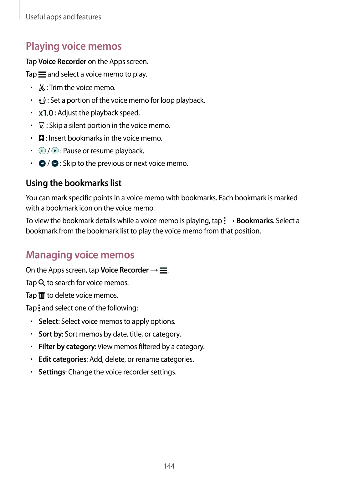 Samsung SM-G800HZBAAFR, SM-G800HZWDXFE, SM-G800HZWDTUN Playing voice memos, Managing voice memos, Using the bookmarks list 