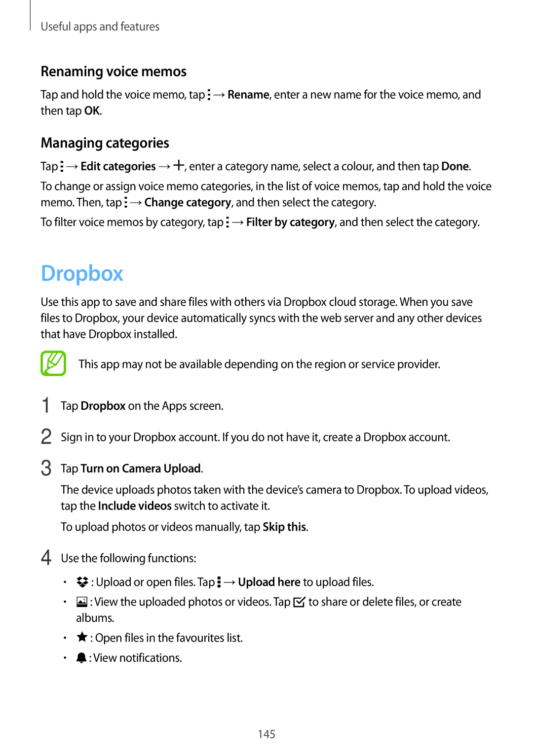 Samsung SM-G800HZBDEGY, SM-G800HZWDXFE manual Dropbox, Renaming voice memos, Managing categories, Tap Turn on Camera Upload 