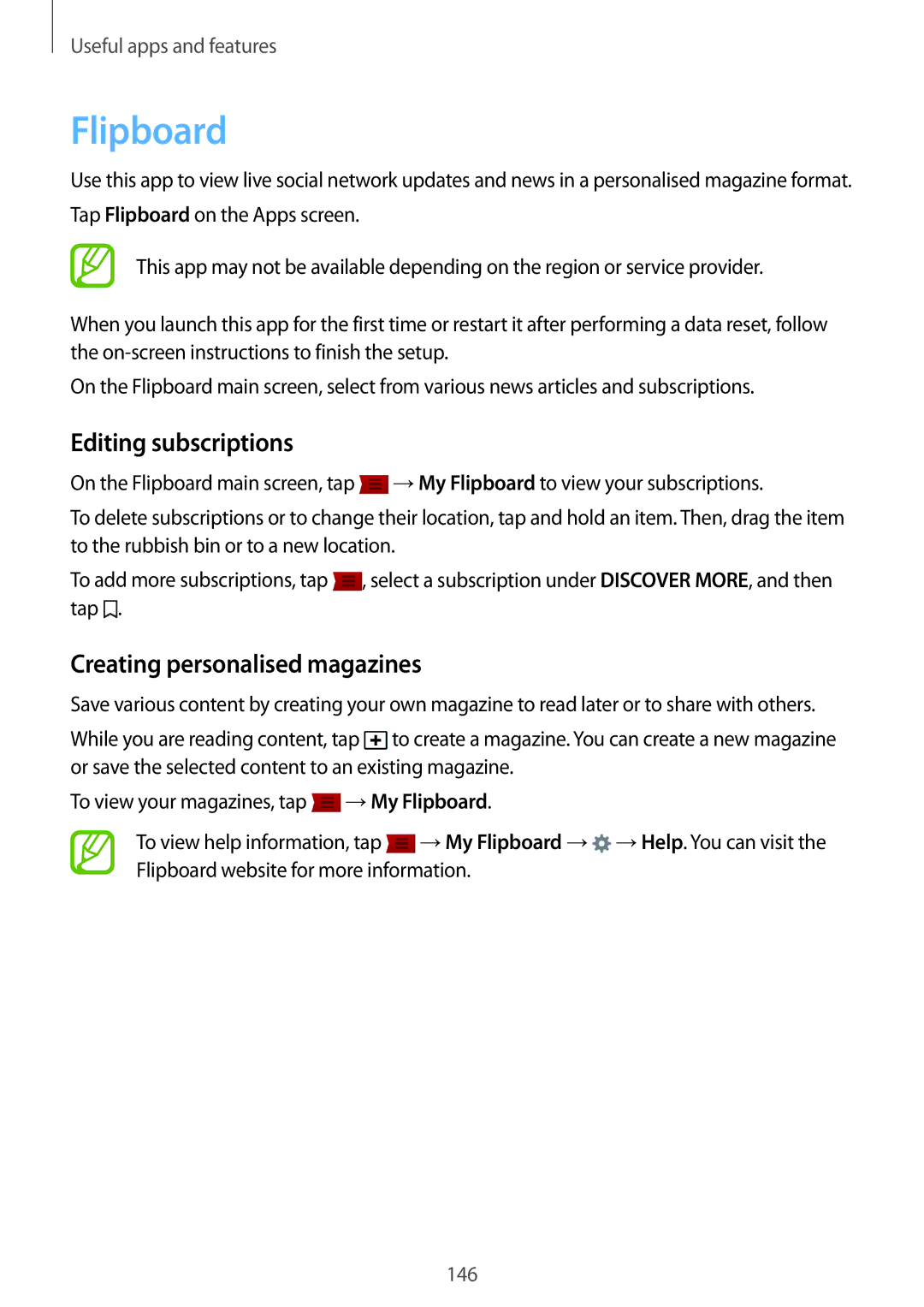 Samsung SM-G800HZDDCAC, SM-G800HZWDXFE, SM-G800HZWDTUN Flipboard, Editing subscriptions, Creating personalised magazines 