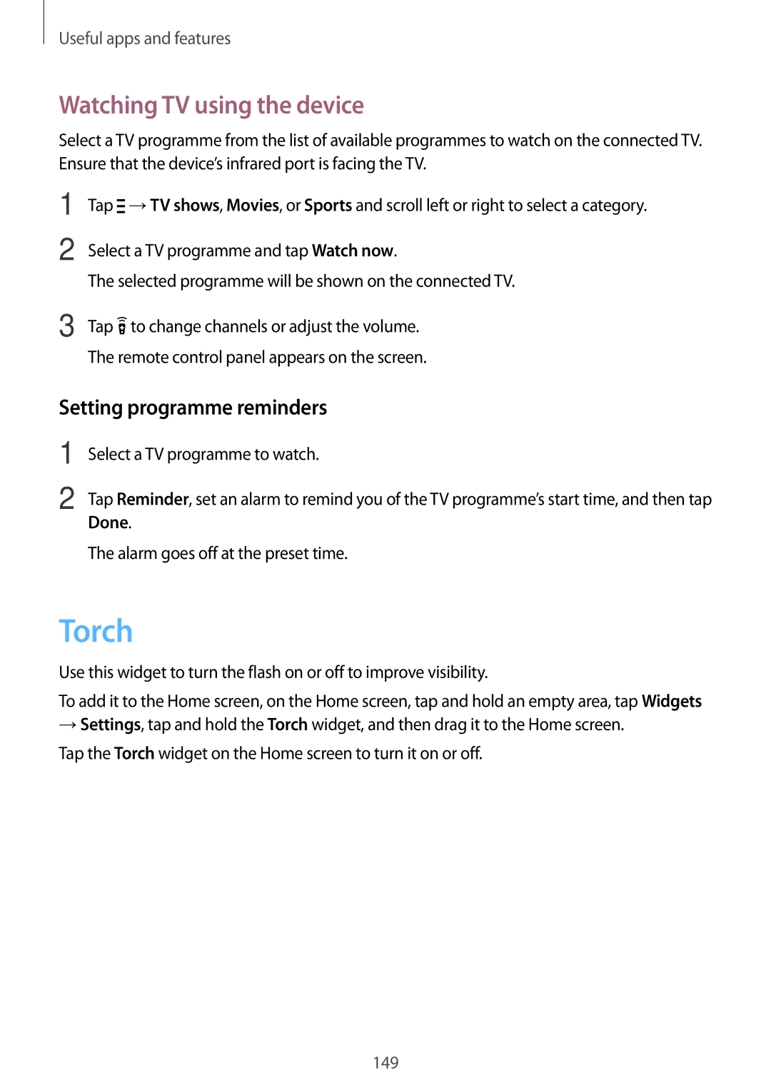 Samsung SM-G800HZKDCAC, SM-G800HZWDXFE manual Torch, Watching TV using the device, Setting programme reminders, Done 