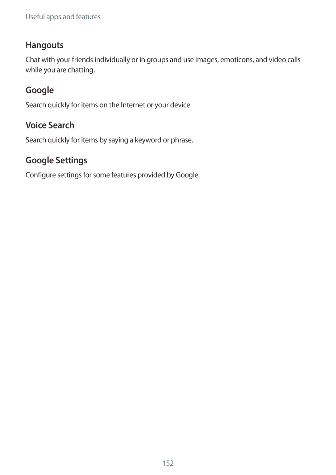 Samsung SM-G800HZKDSER, SM-G800HZWDXFE, SM-G800HZWDTUN, SM-G800HZWDTHR manual Hangouts, Voice Search, Google Settings 