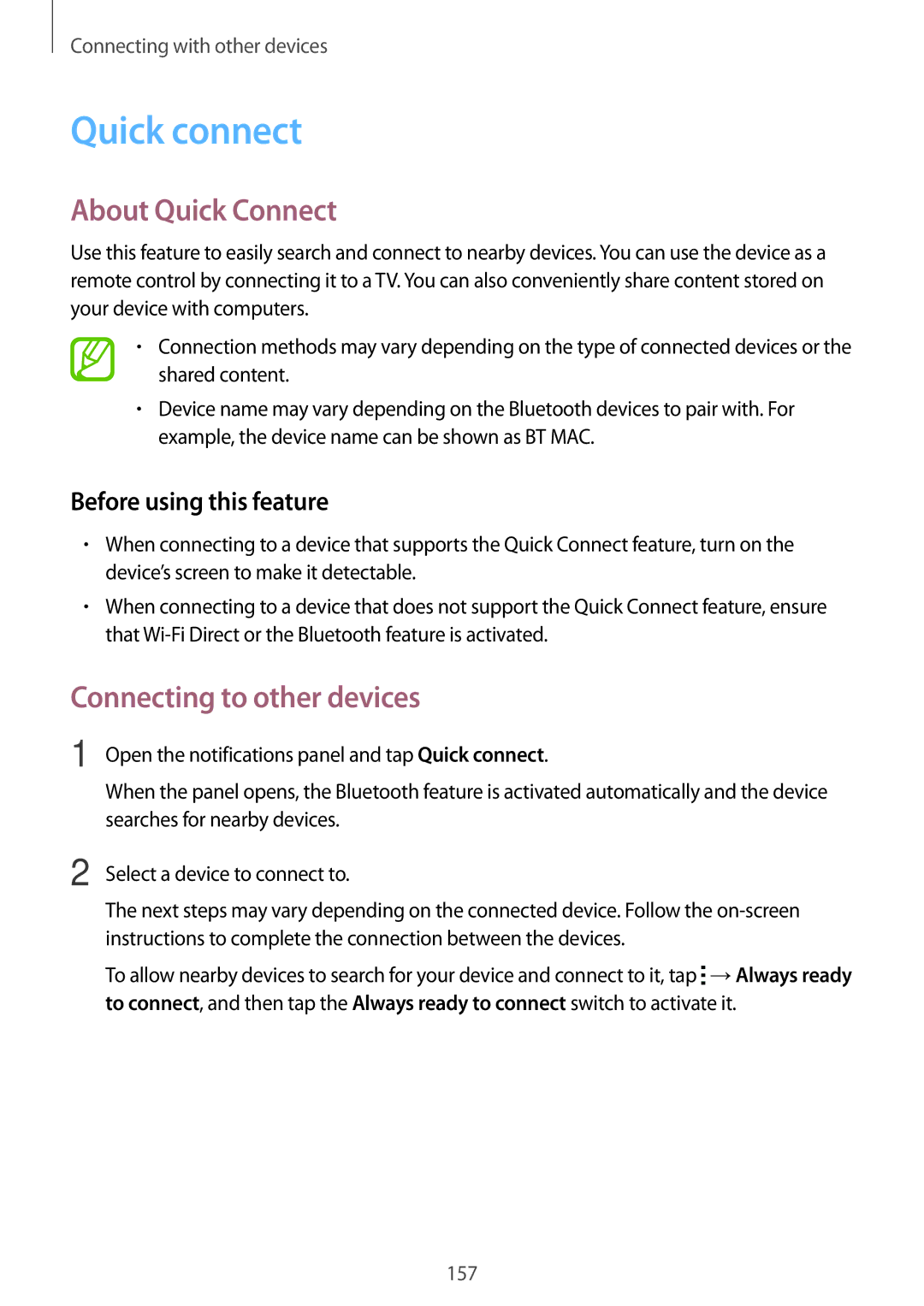 Samsung SM-G800HZKASER, SM-G800HZWDXFE, SM-G800HZWDTUN manual Quick connect, About Quick Connect, Before using this feature 