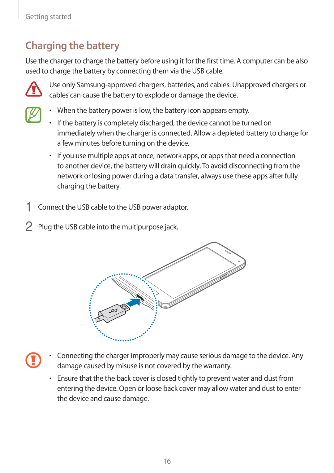 Samsung SM-G800HZWDEGY, SM-G800HZWDXFE, SM-G800HZWDTUN, SM-G800HZWDTHR, SM-G800HZWAXFE, SM-G800HZBDCAC Charging the battery 