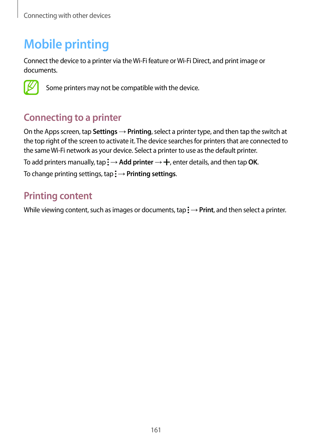 Samsung SM-G800HZWDTUN, SM-G800HZWDXFE, SM-G800HZWDTHR manual Mobile printing, Connecting to a printer, Printing content 